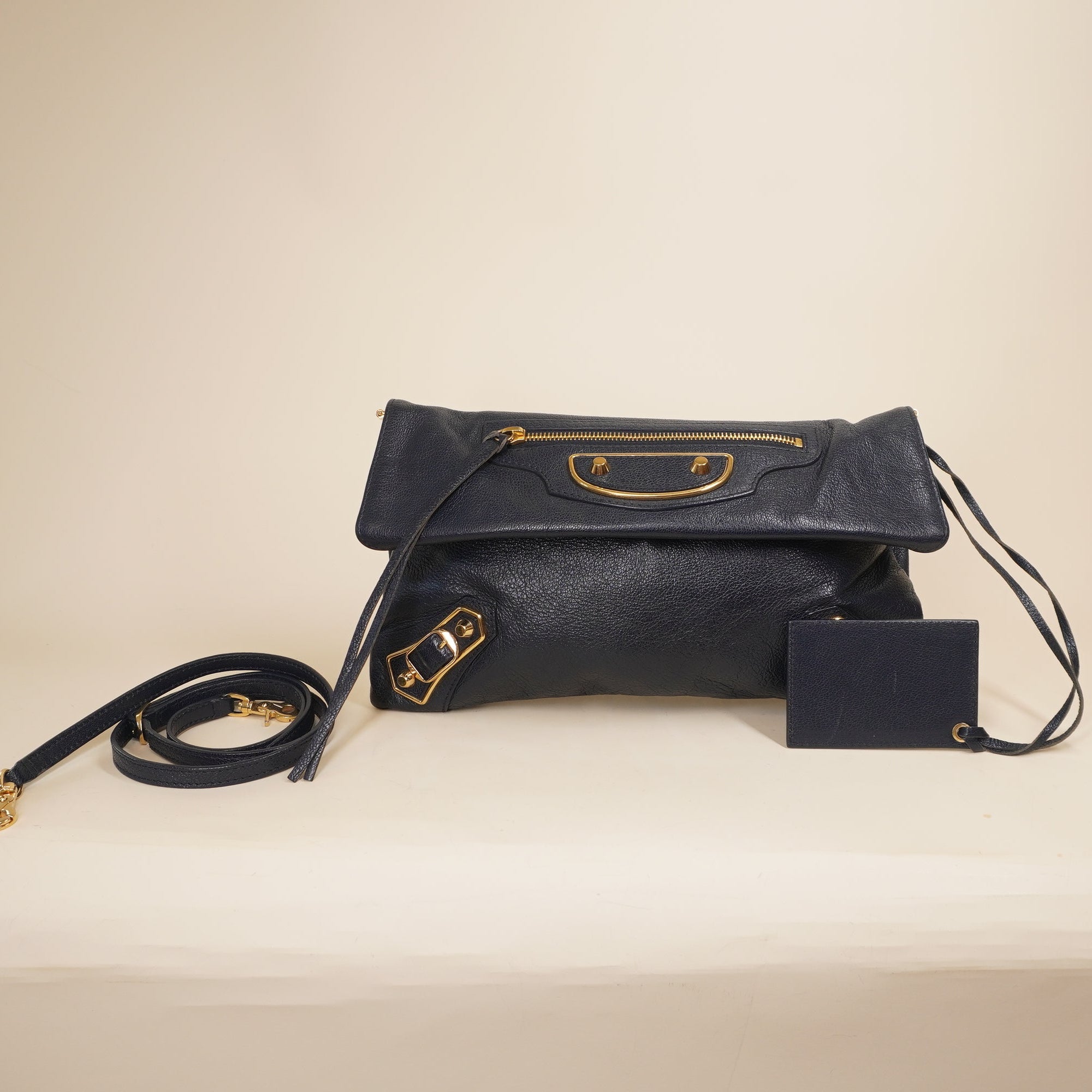 PRE-OWNED Classic Metallic Leather Navy Envelope Shoulder Bag