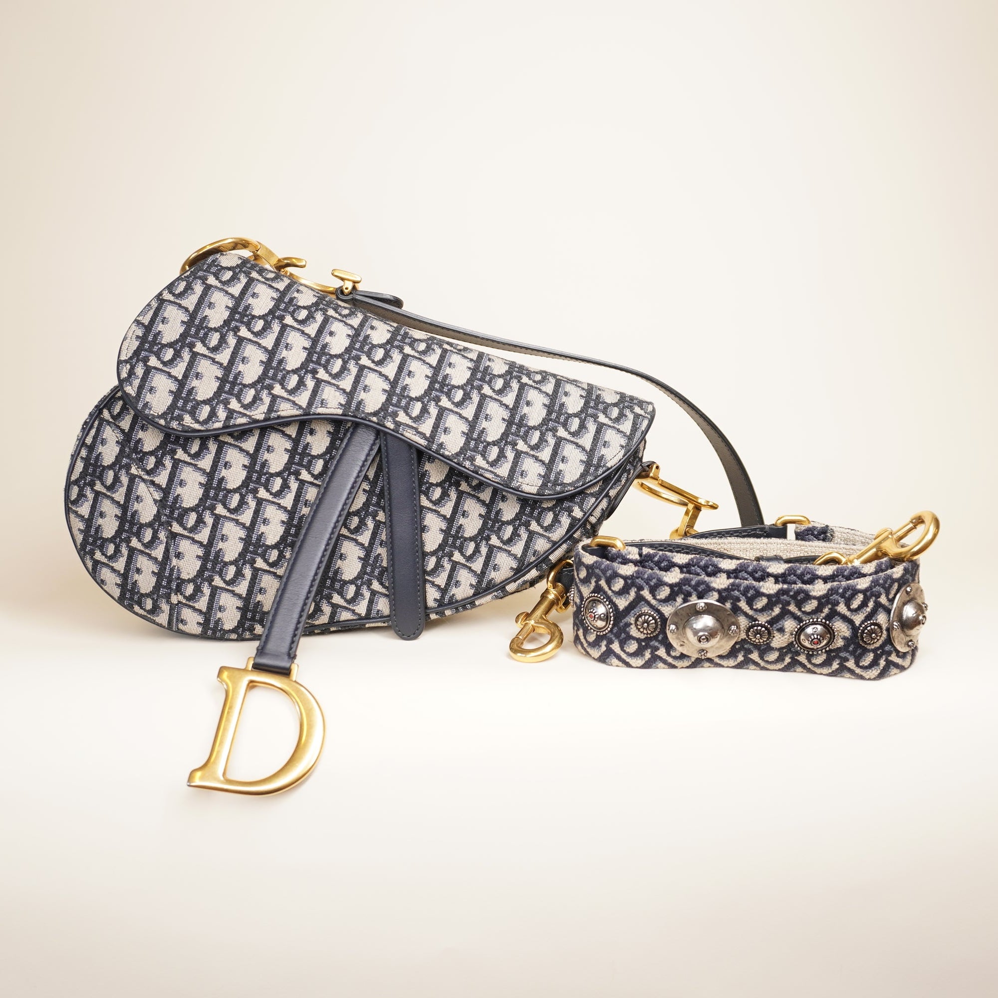 PRE-OWNED Navy Oblique Jacquard Saddle Shoulder Bag