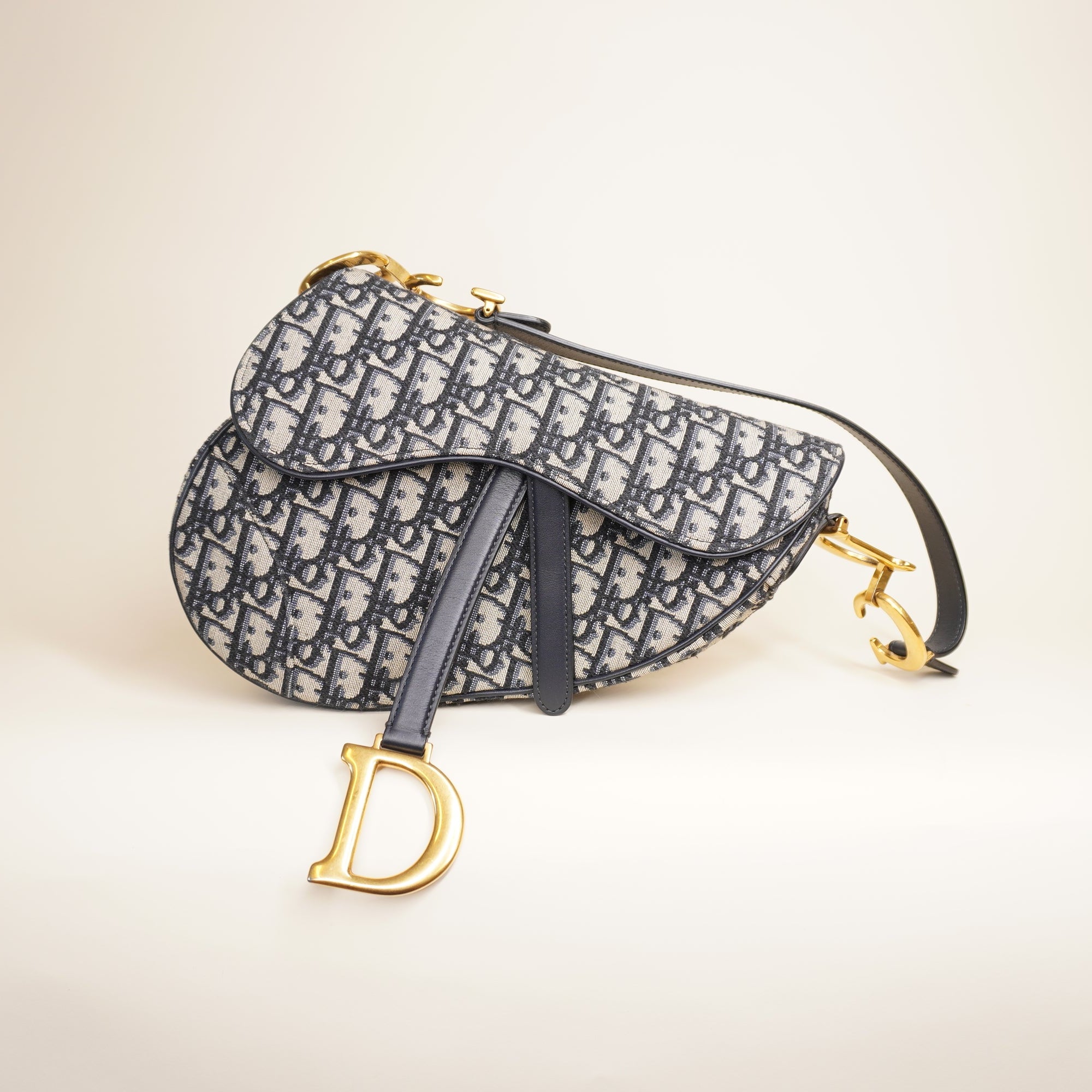 PRE-OWNED Navy Oblique Jacquard Saddle Shoulder Bag