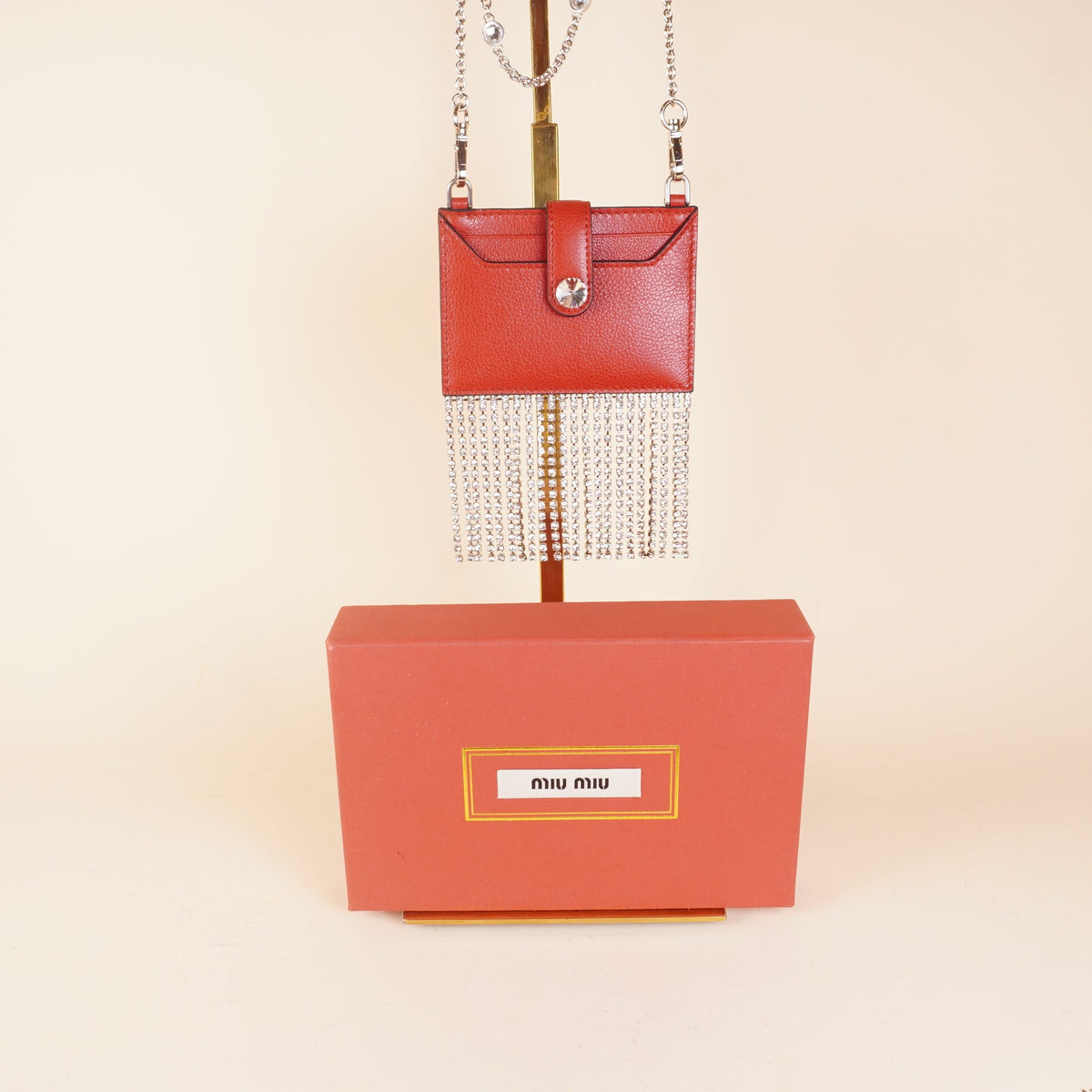 PRE-OWNED Red Goatskin Madras Crystal Card Holder Fringe Crossbody 