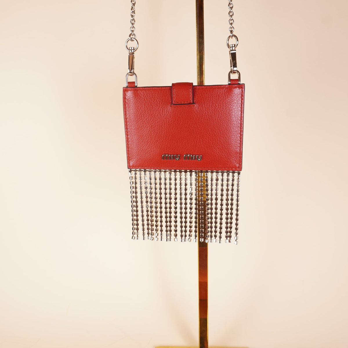 PRE-OWNED Red Goatskin Madras Crystal Card Holder Fringe Crossbody 