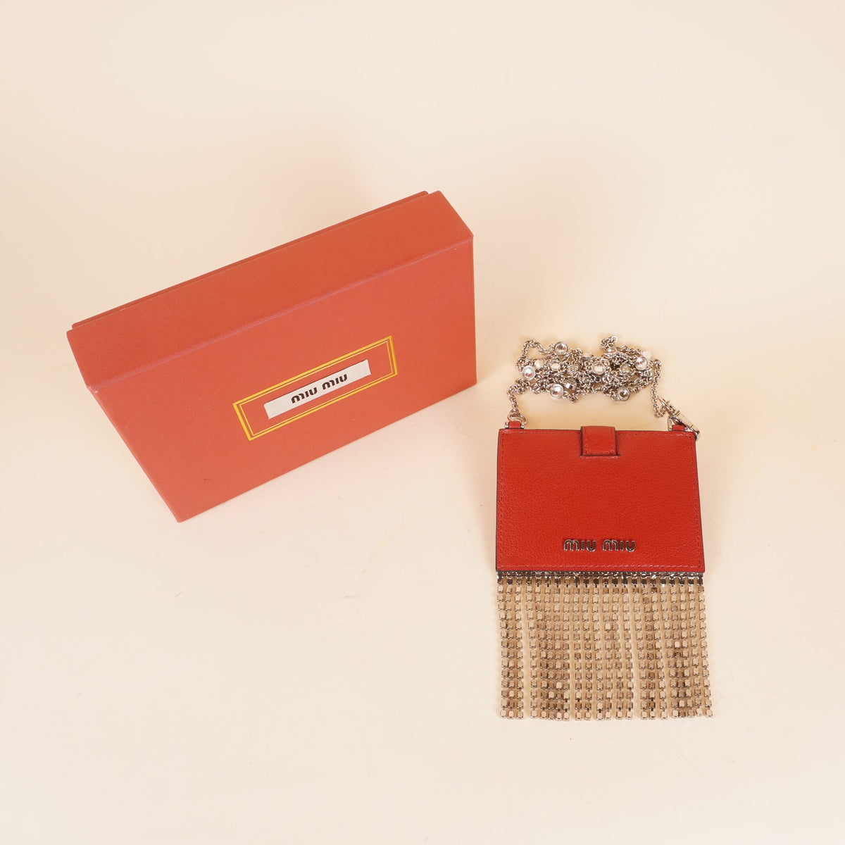 PRE-OWNED Red Goatskin Madras Crystal Card Holder Fringe Crossbody 