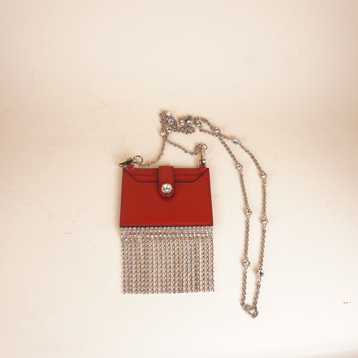 PRE-OWNED Red Goatskin Madras Crystal Card Holder Fringe Crossbody 