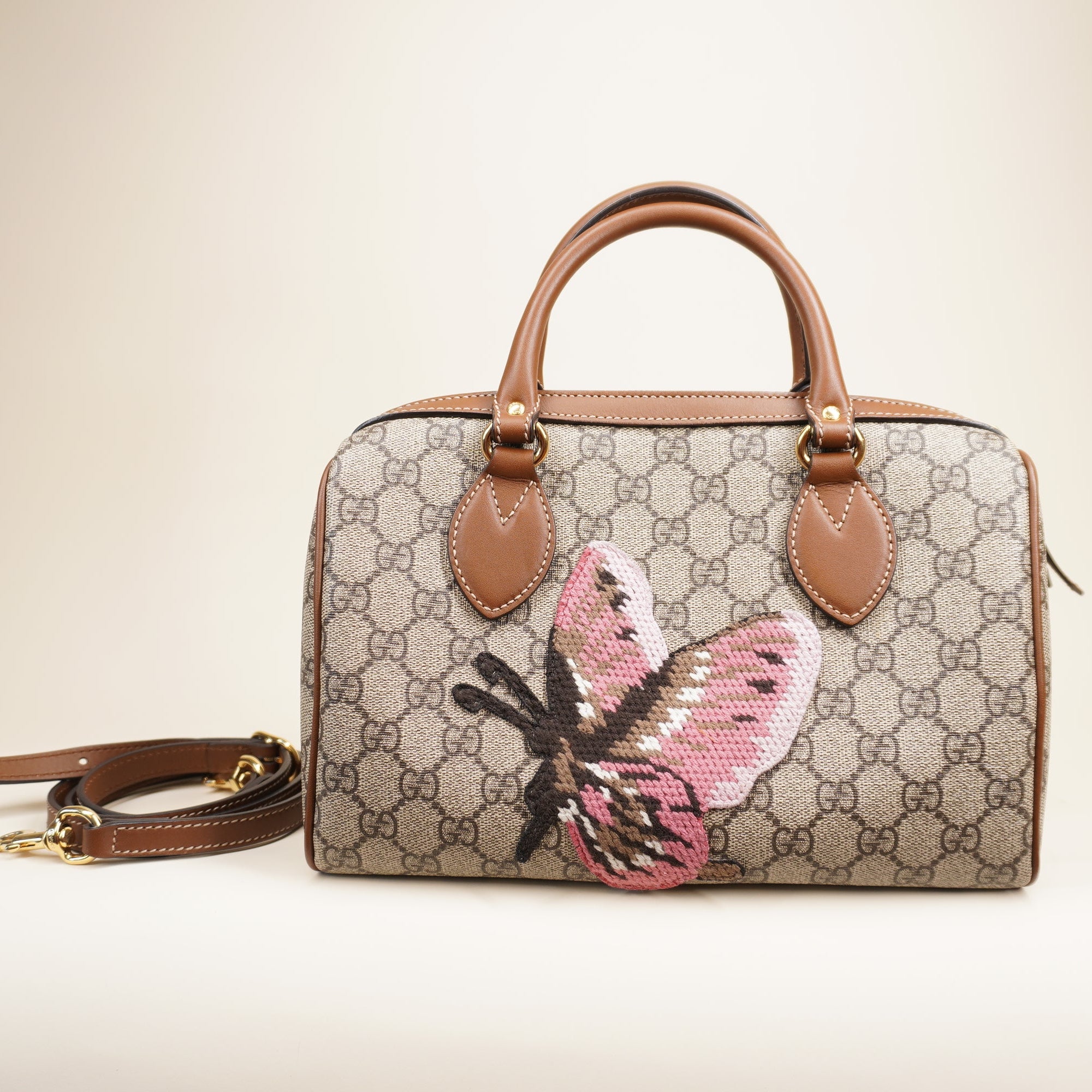 GG Supreme Monogram Butterfly Boston Embroidered Shoulder Bag 