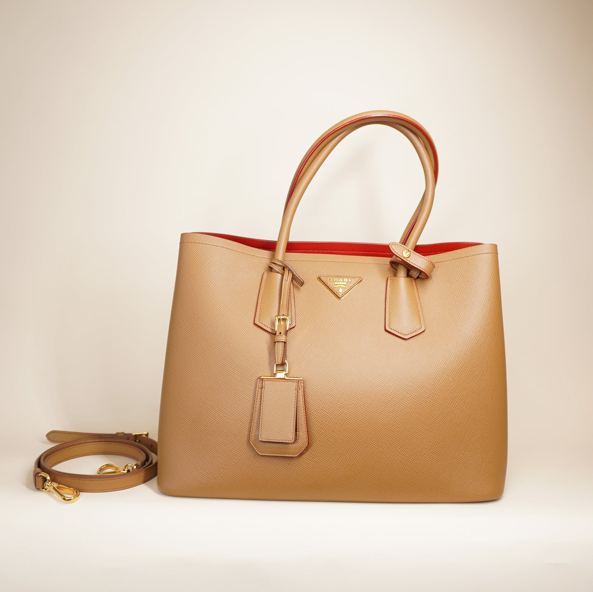 PRE-OWNED Camel Cuir Double Tote Saffiano Leather Shoulder Bag