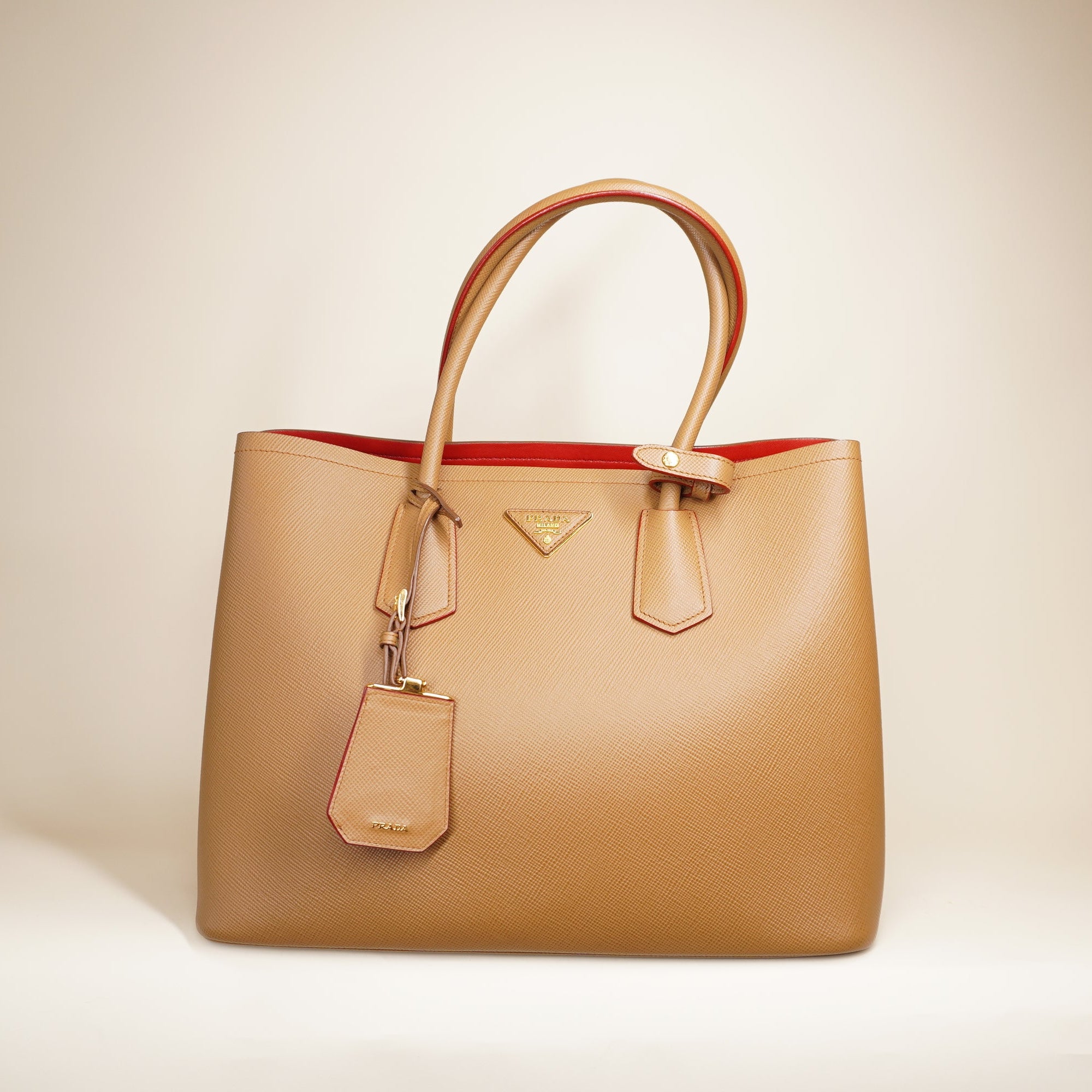 PRE-OWNED Camel Cuir Double Tote Saffiano Leather Shoulder Bag