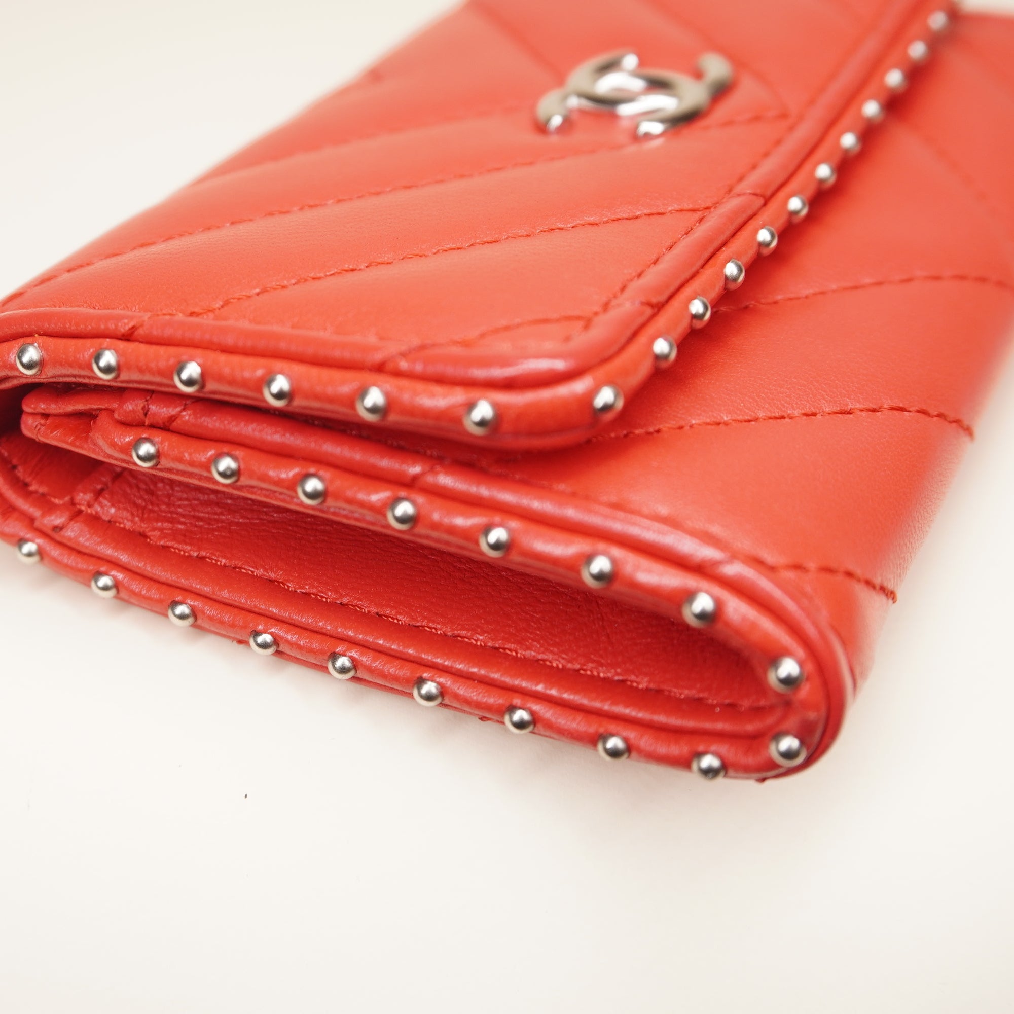 PRE-OWNED CC Red Studded Compact Flap Wallet