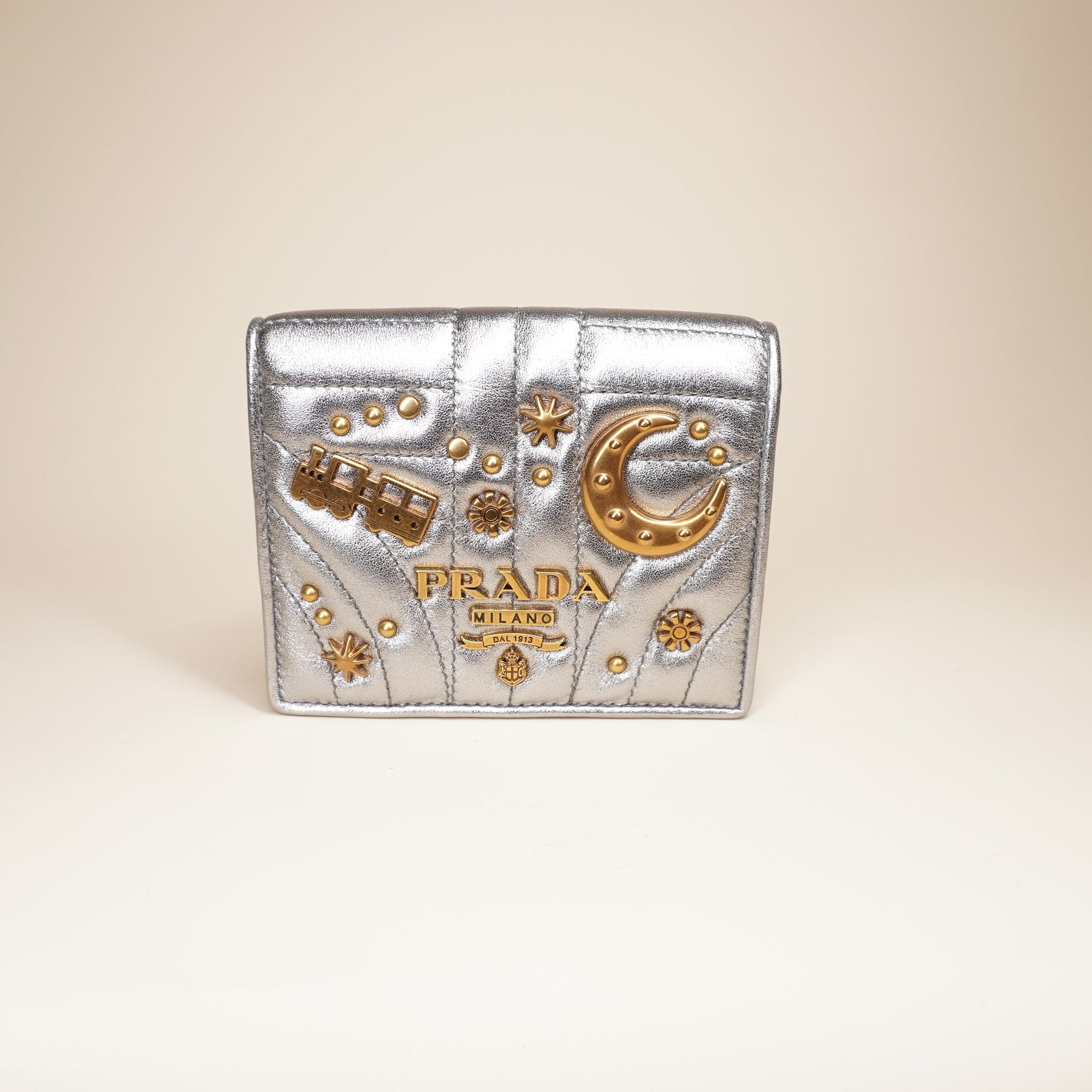 PRE-OWNED Silver Small Diagramme Embellished Quilted Wallet