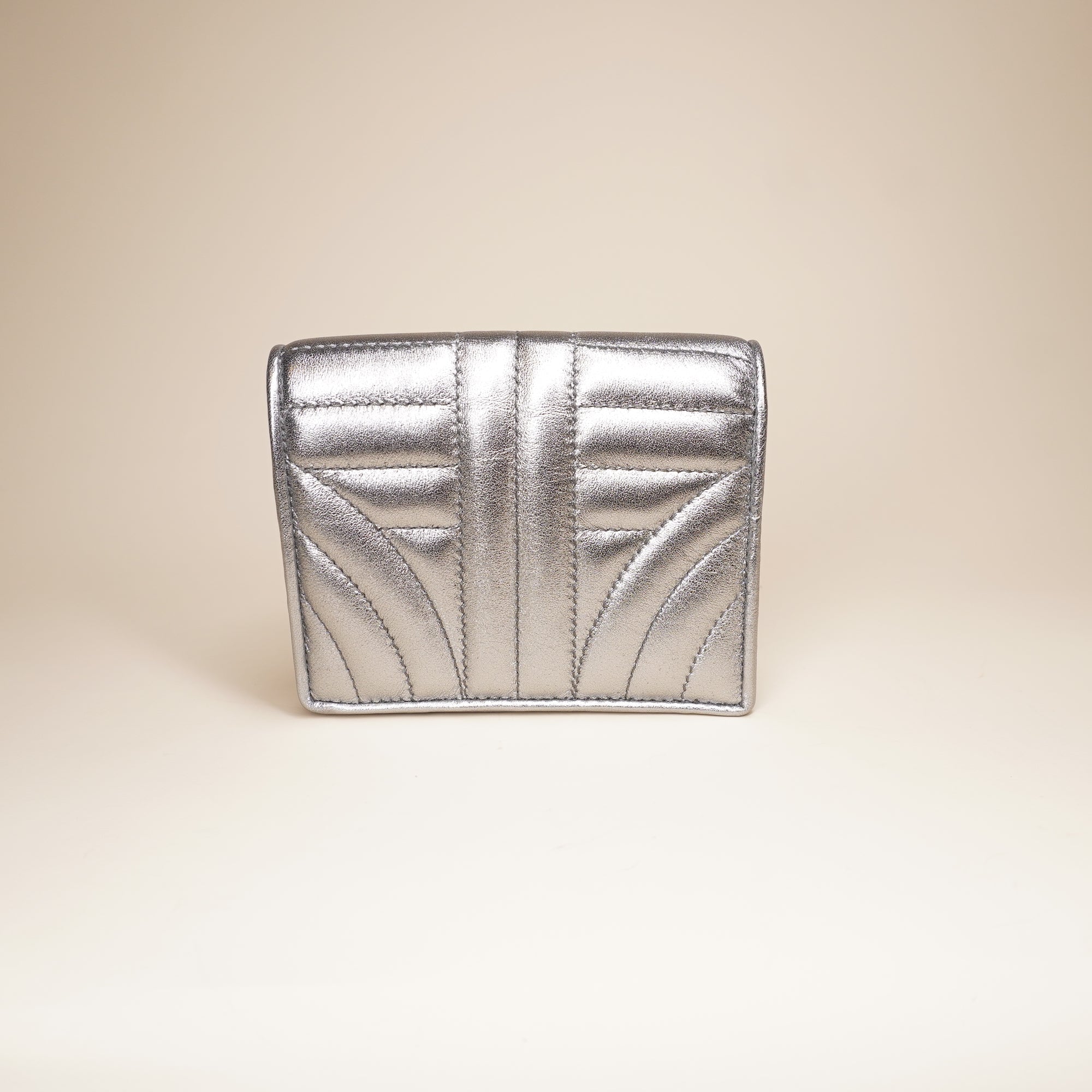 PRE-OWNED Silver Small Diagramme Embellished Quilted Wallet