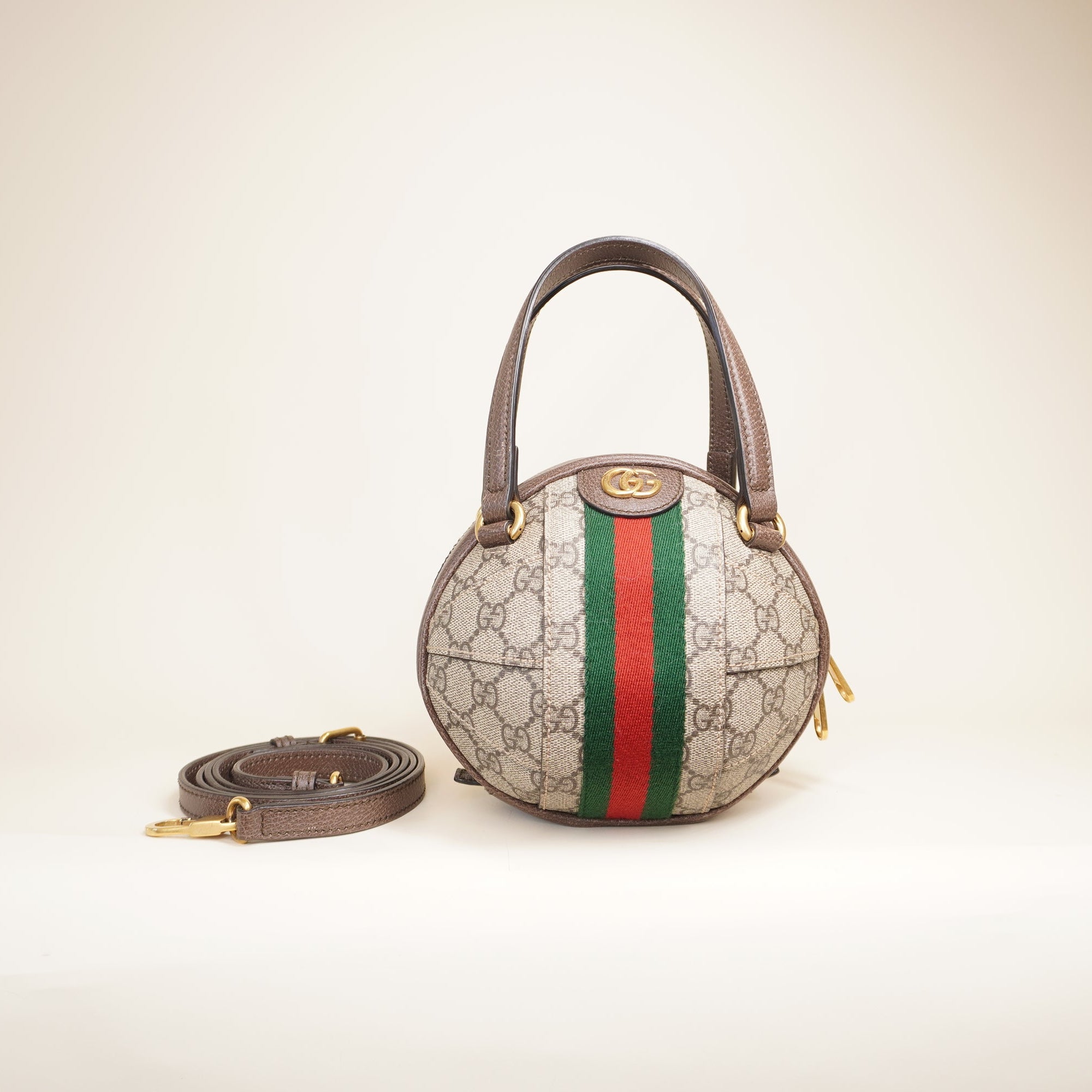 PRE-OWNED GG Supreme Monogram Textured Dollar Calfskin Web Mini Ophidia Basketball Shaped Shoulder Bag