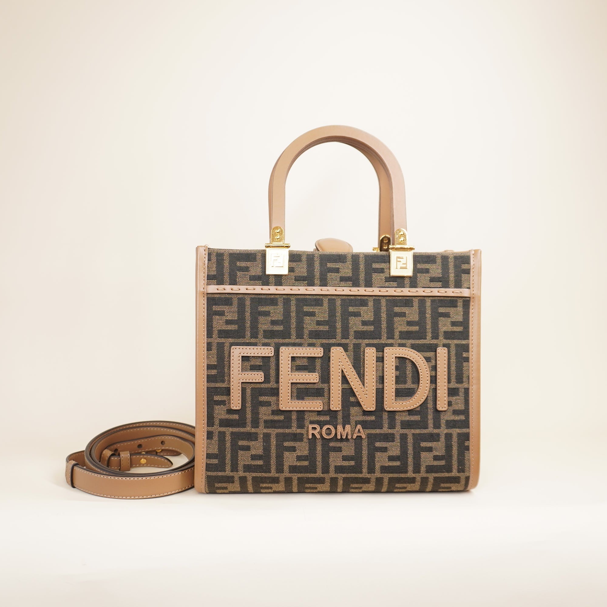 PRE-OWNED Fabric Jacquard FF 1974 Small Sunshine Shopper Tote Brown Moro Sand 