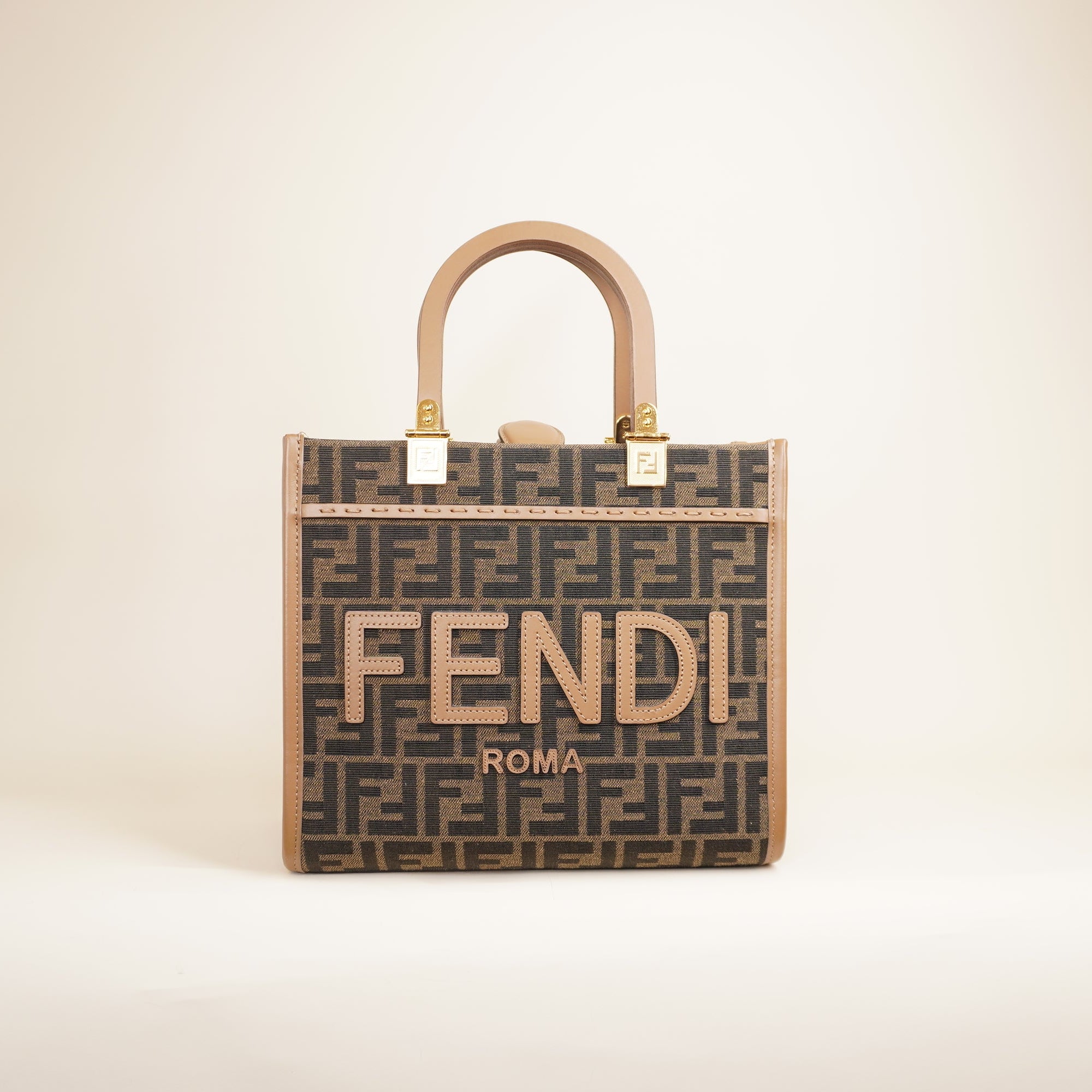 PRE-OWNED Fabric Jacquard FF 1974 Small Sunshine Shopper Tote Brown Moro Sand 