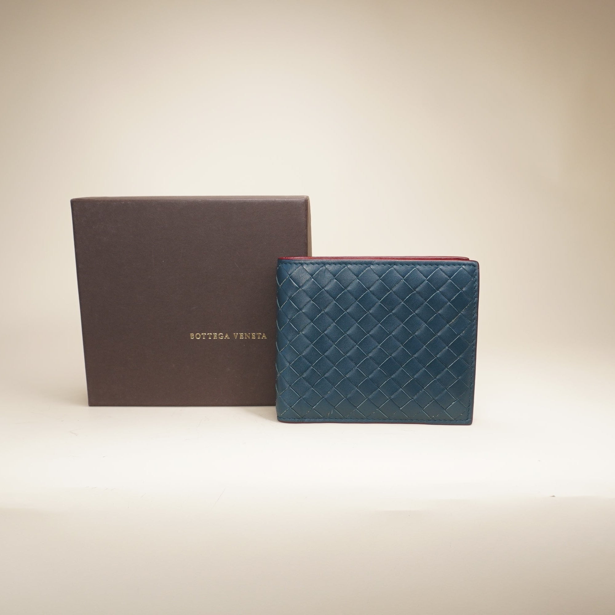 Blue Red Intrecciato Leather Bifold Wallet 