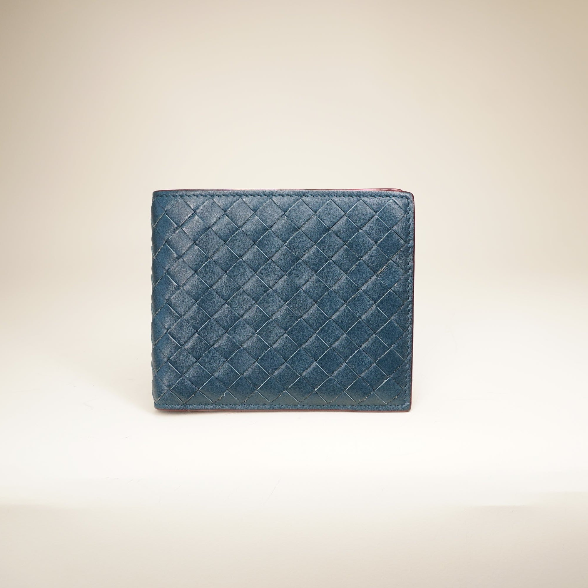  Blue Red Intrecciato Leather Bifold Wallet 