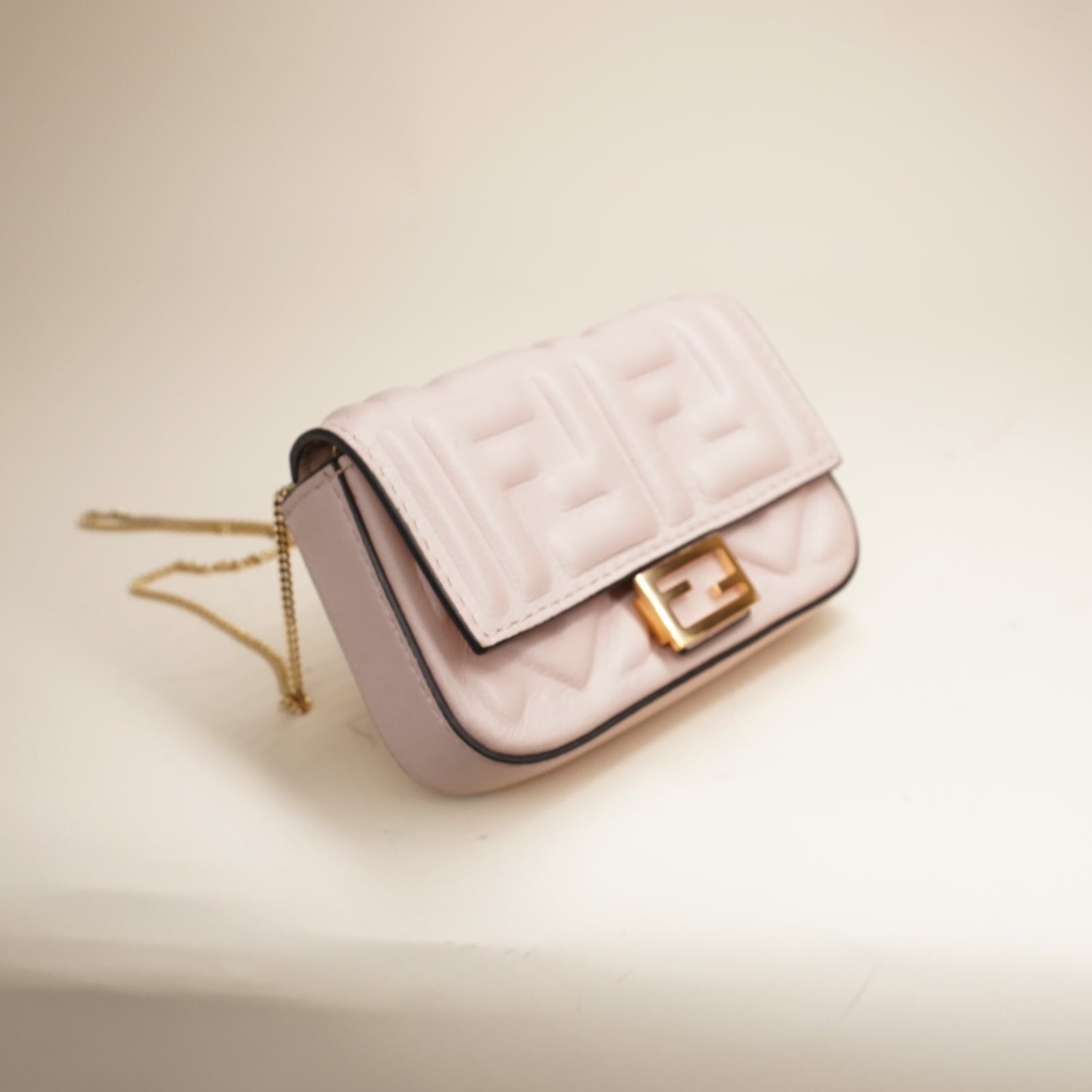 PRE-OWNED Chain Baguette Charm Bag Zucca Embossed Leather Nano