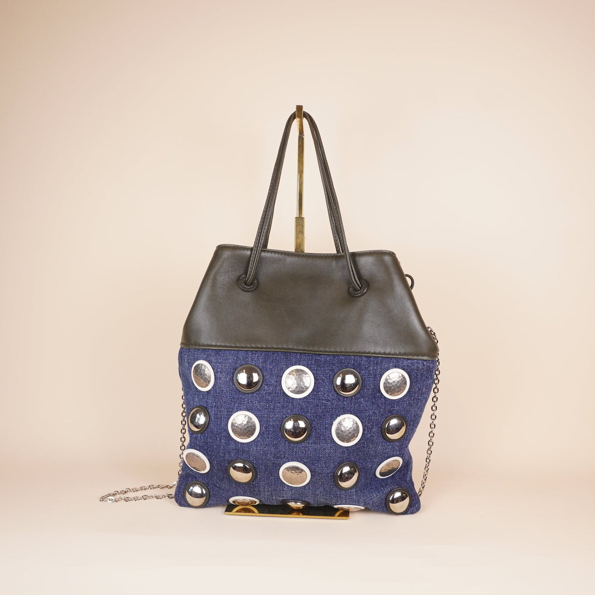 PRE-OWNED Blue Denim Black Leather Shoulder Bag