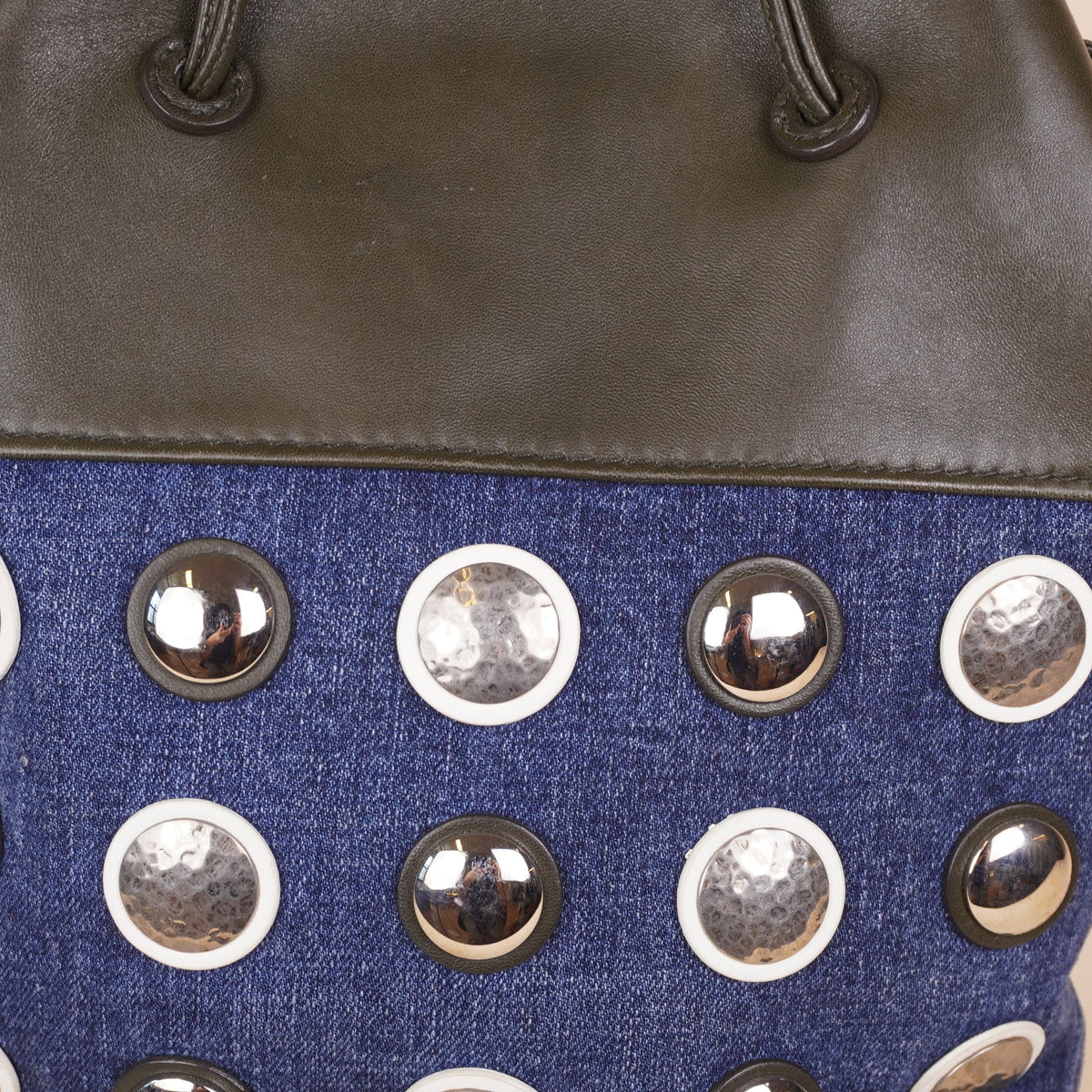 PRE-OWNED Blue Denim Black Leather Shoulder Bag