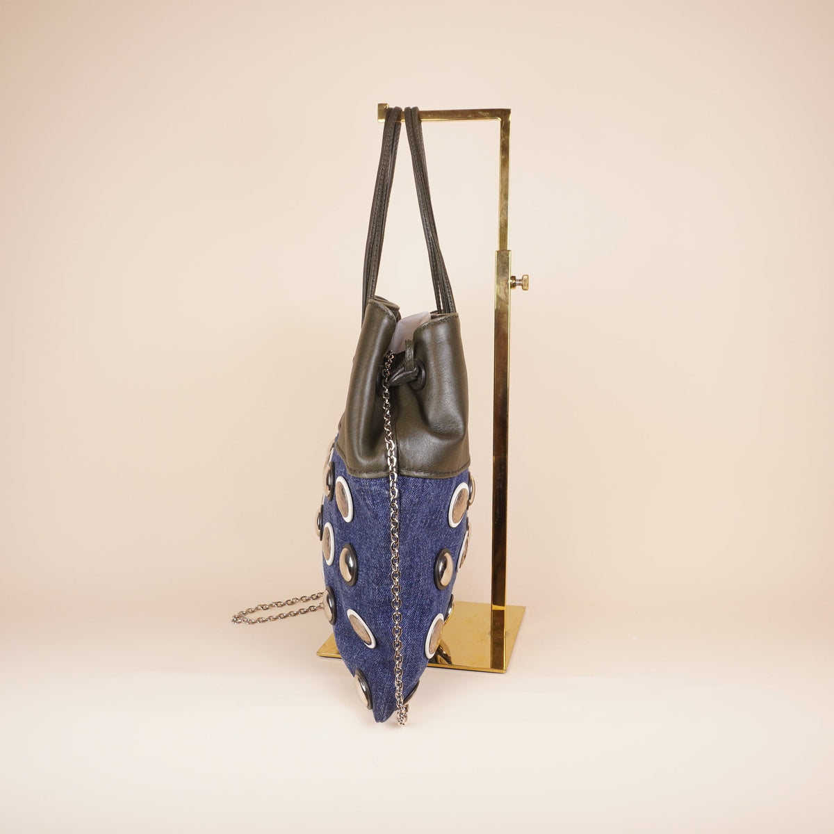 PRE-OWNED Blue Denim Black Leather Shoulder Bag