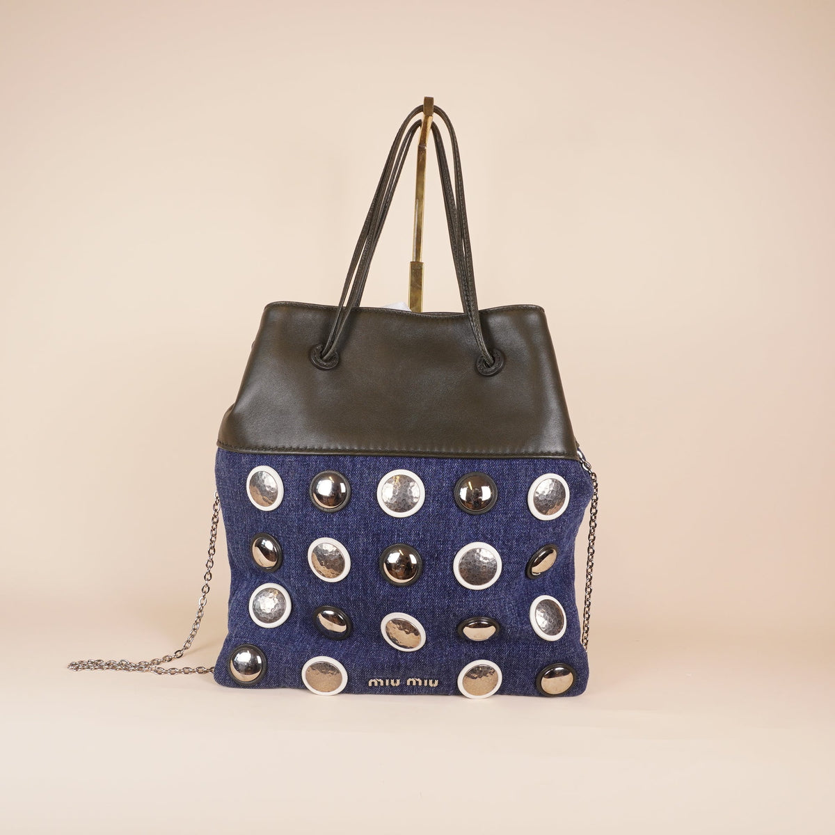 PRE-OWNED Blue Denim Black Leather Shoulder Bag