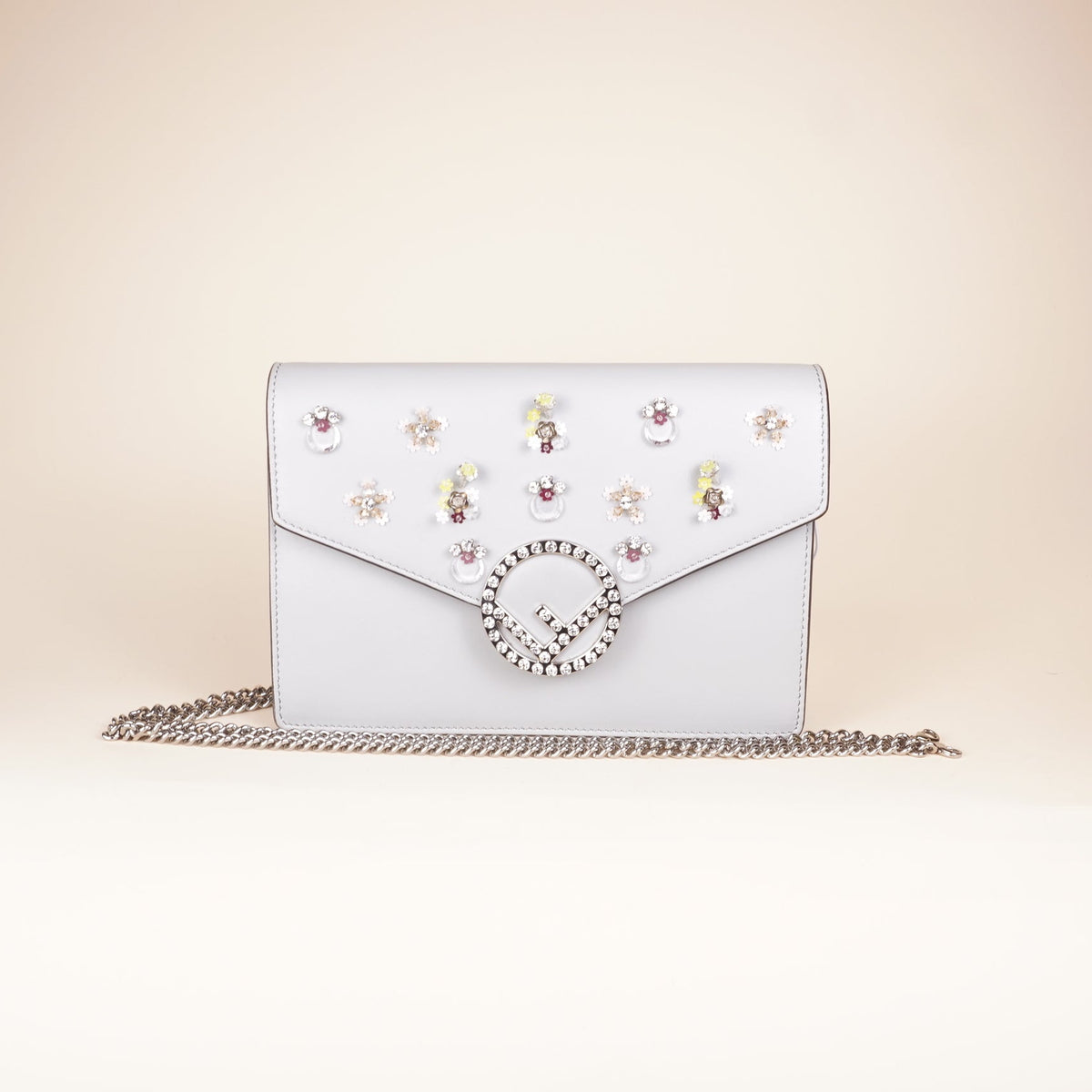 PRE-OWNED FF Leather Wallet on Chain Medium with Crystal Floral Embellishment Crossbody Bag