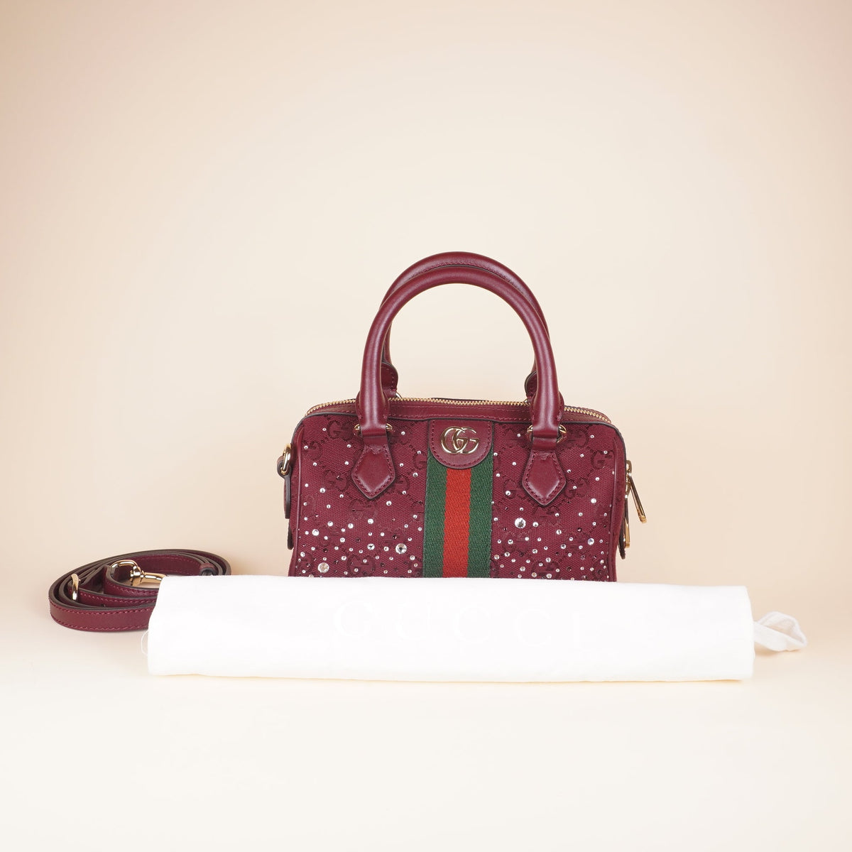Burgundy Ophidia Crystals Small Boston Shoulder Bag