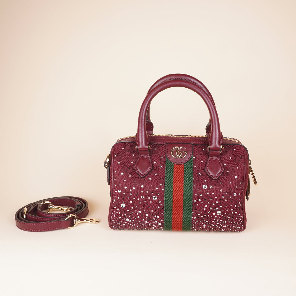 Burgundy Ophidia Crystals Small Boston Shoulder Bag