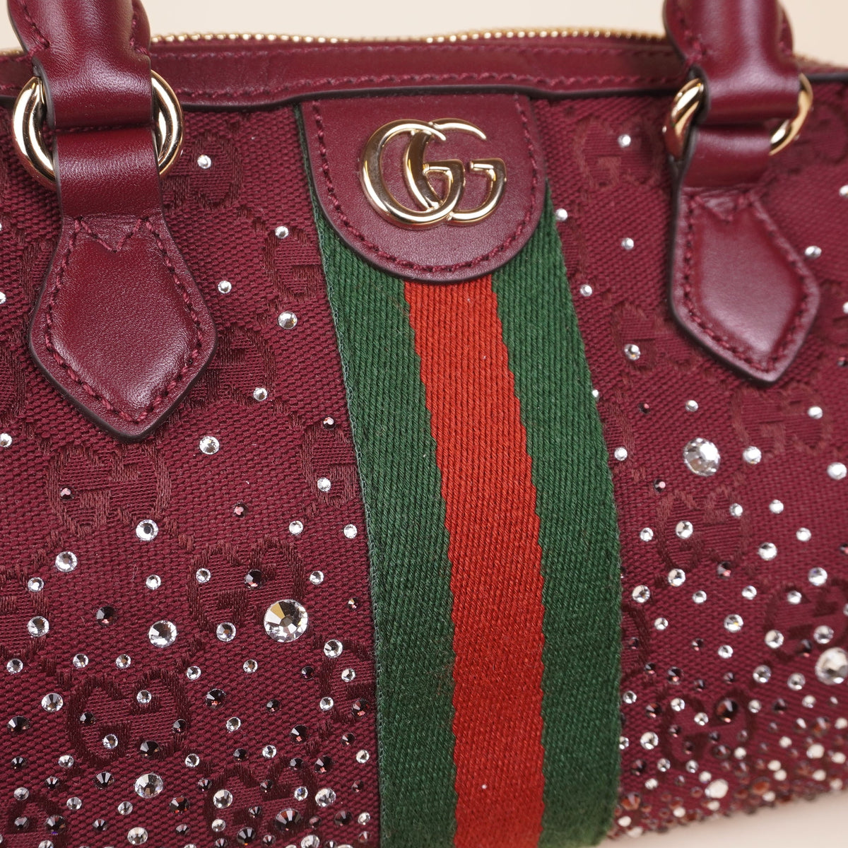 Burgundy Ophidia Crystals Small Boston Shoulder Bag