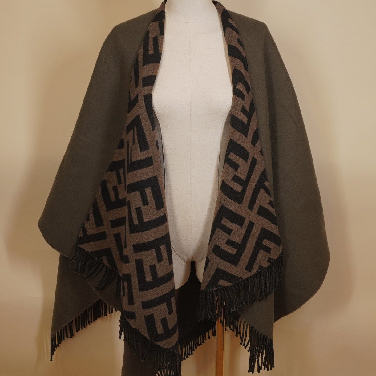 PRE-OWNED FF Poncho Khaki Brown Black wool cashmere Women's