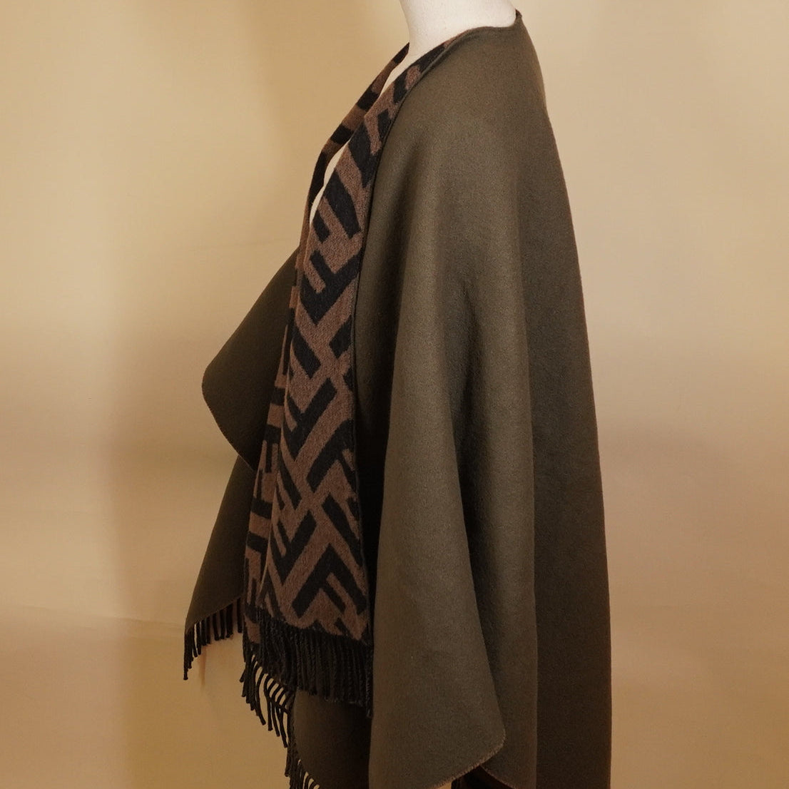 PRE-OWNED FF Poncho Khaki Brown Black wool cashmere Women's