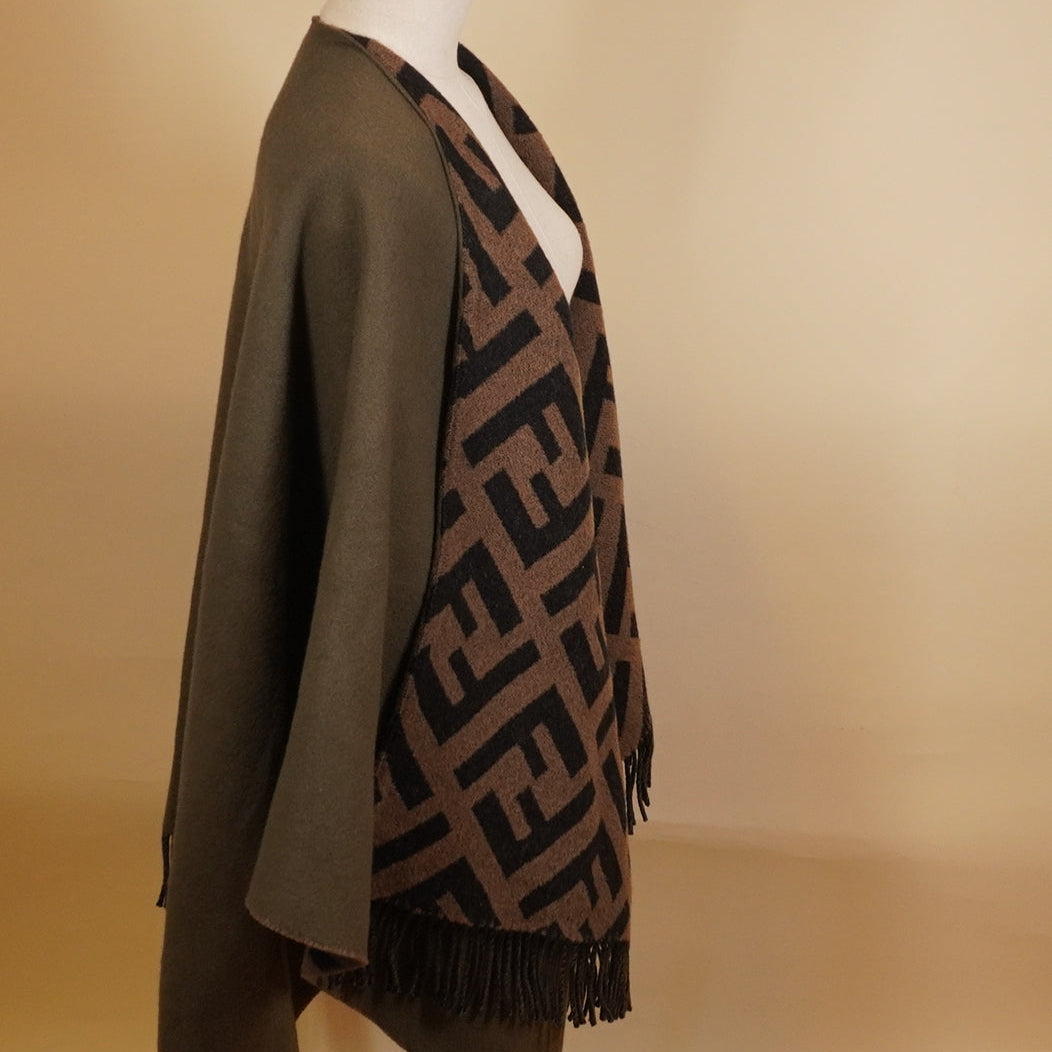 PRE-OWNED FF Poncho Khaki Brown Black wool cashmere Women's