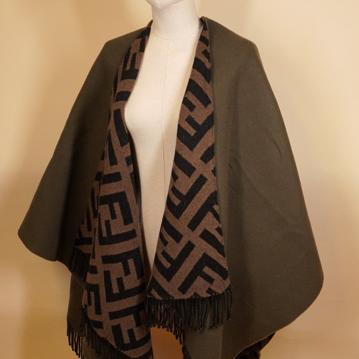PRE-OWNED FF Poncho Khaki Brown Black wool cashmere Women's