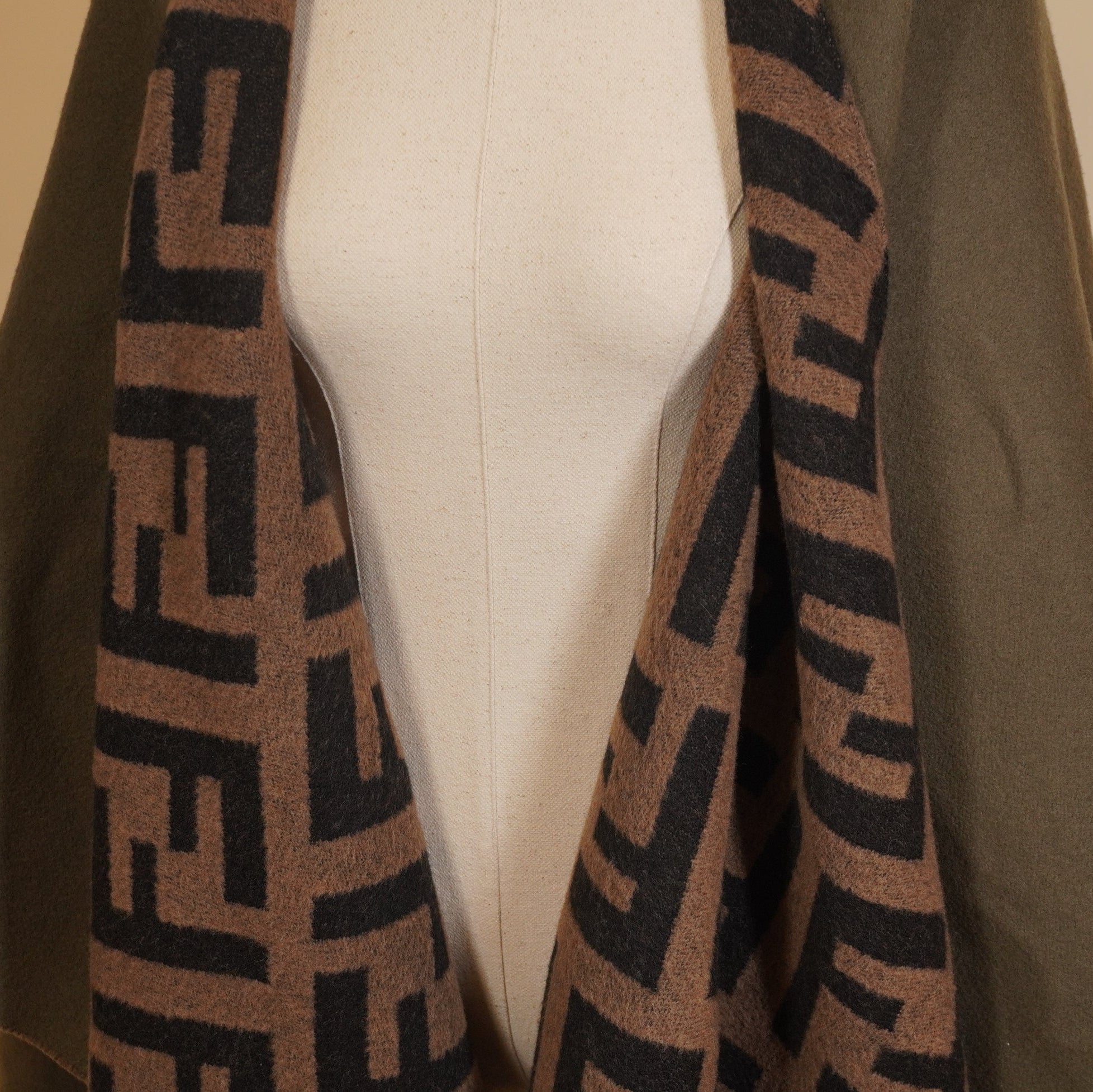 PRE-OWNED FF Poncho Khaki Brown Black wool cashmere Women's