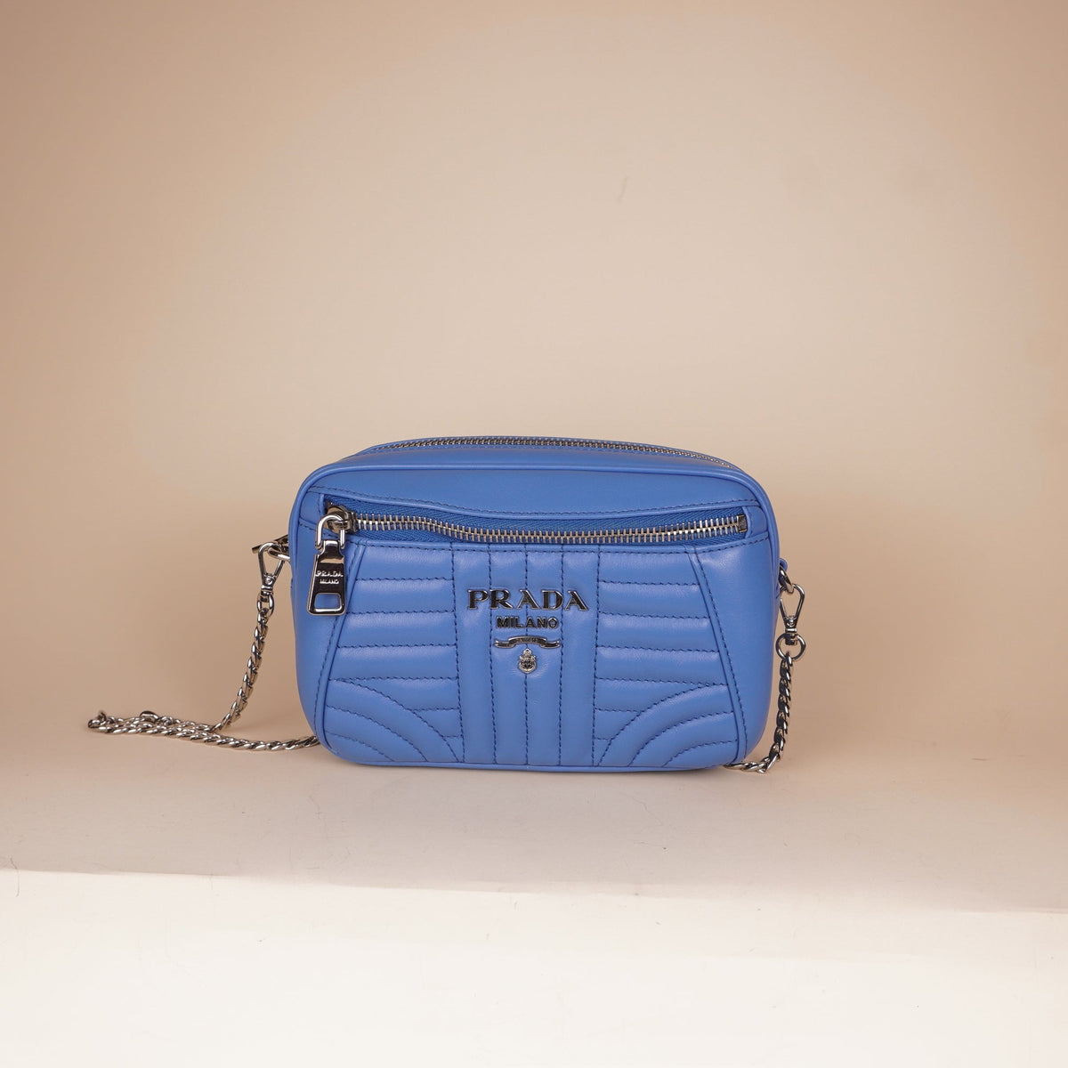 PRE-OWNED Blue Soft Calf Impunture Diagramme Camera Belt Bag and Crossbody Bag