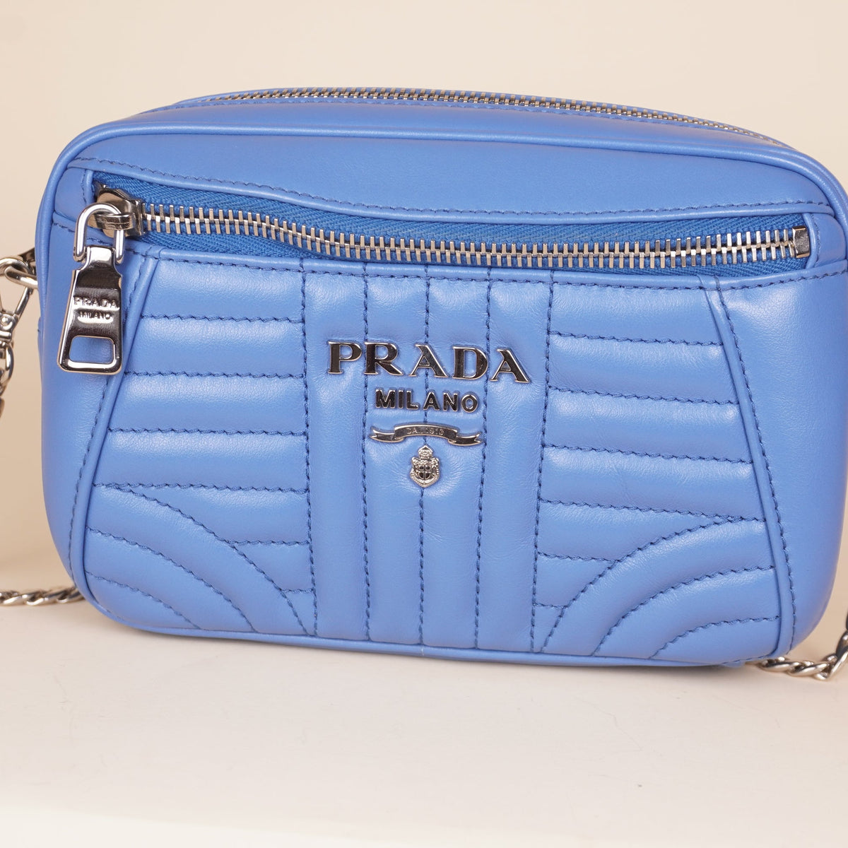 PRE-OWNED Blue Soft Calf Impunture Diagramme Camera Belt Bag and Crossbody Bag