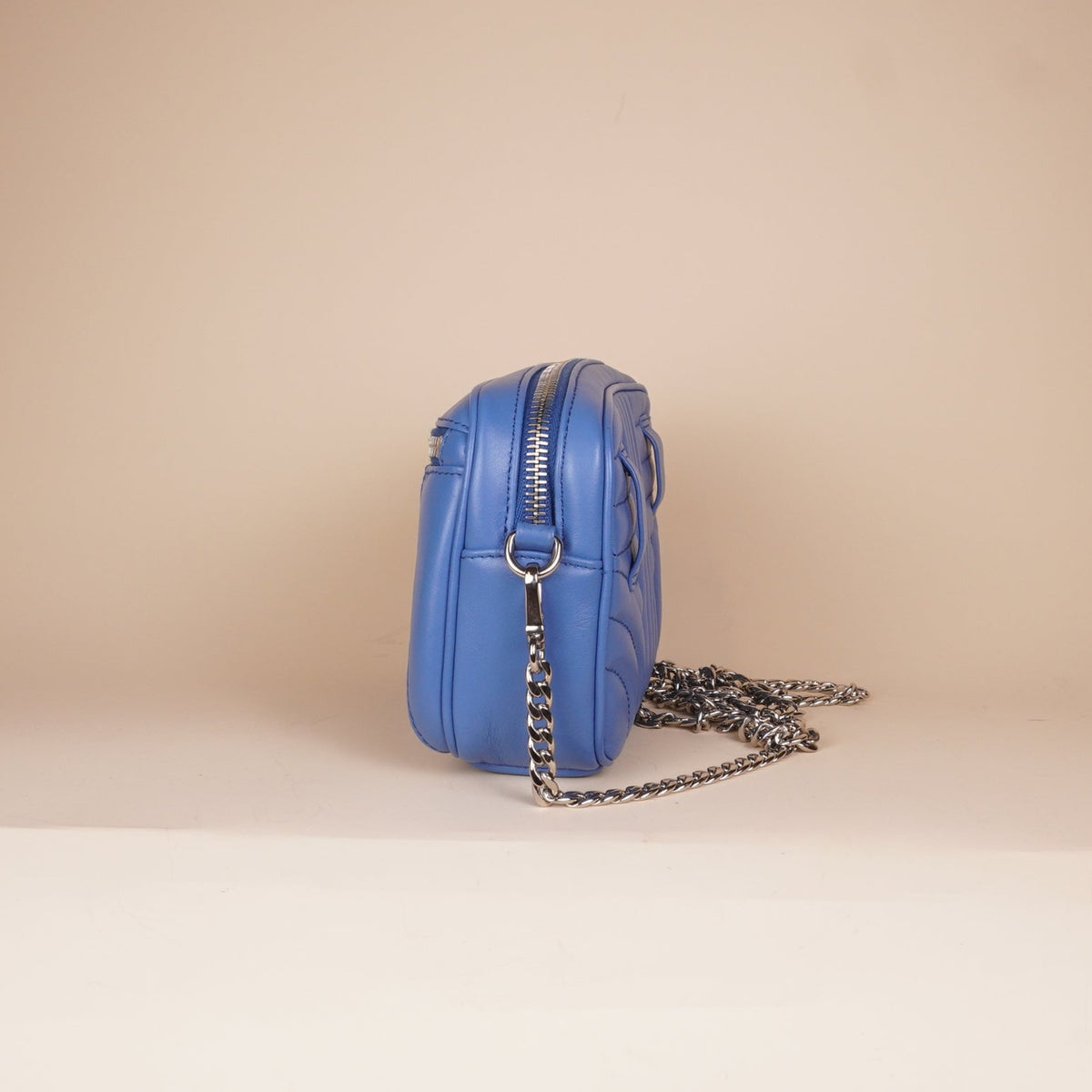 PRE-OWNED Blue Soft Calf Impunture Diagramme Camera Belt Bag and Crossbody Bag