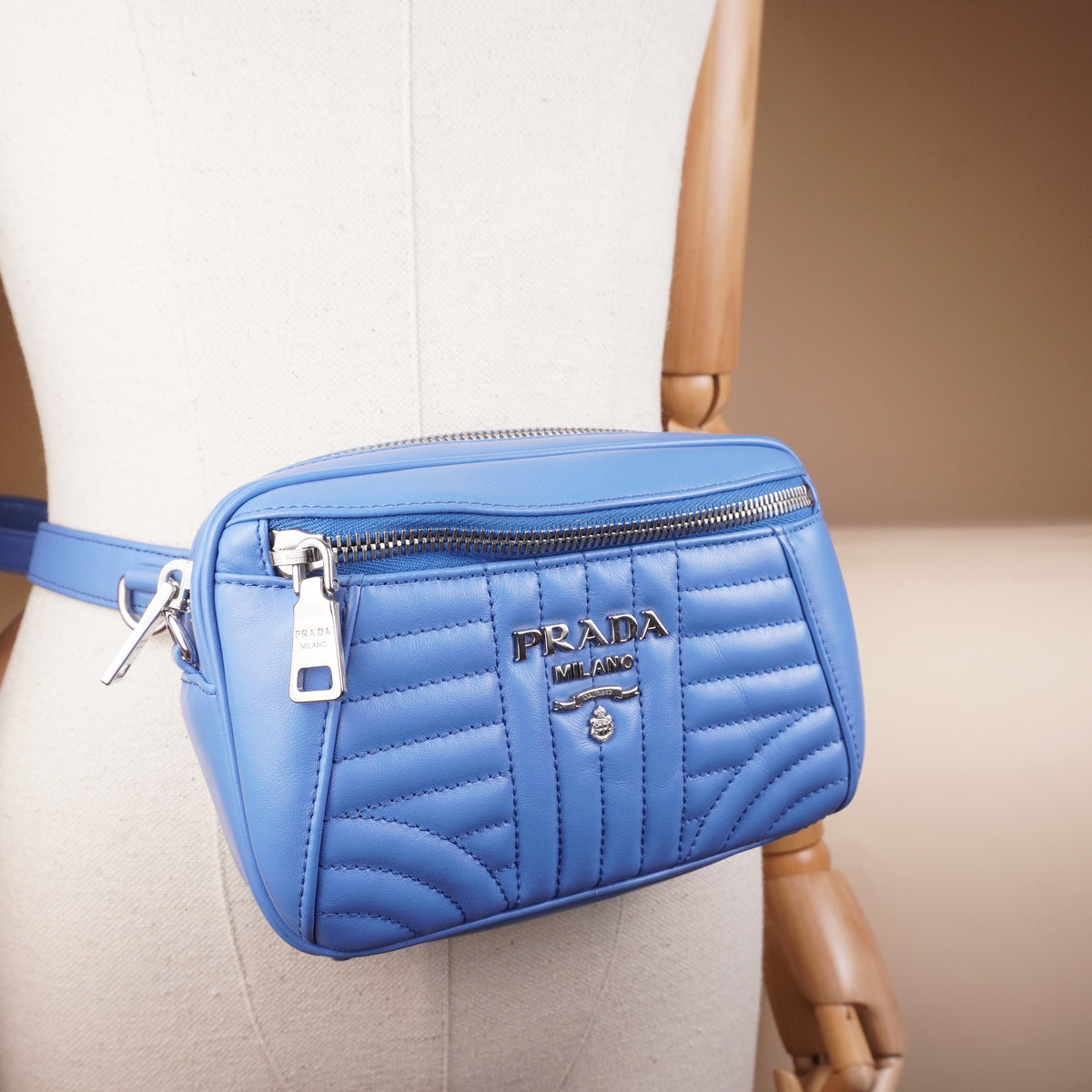 PRE-OWNED Blue Soft Calf Impunture Diagramme Camera Belt Bag and Crossbody Bag