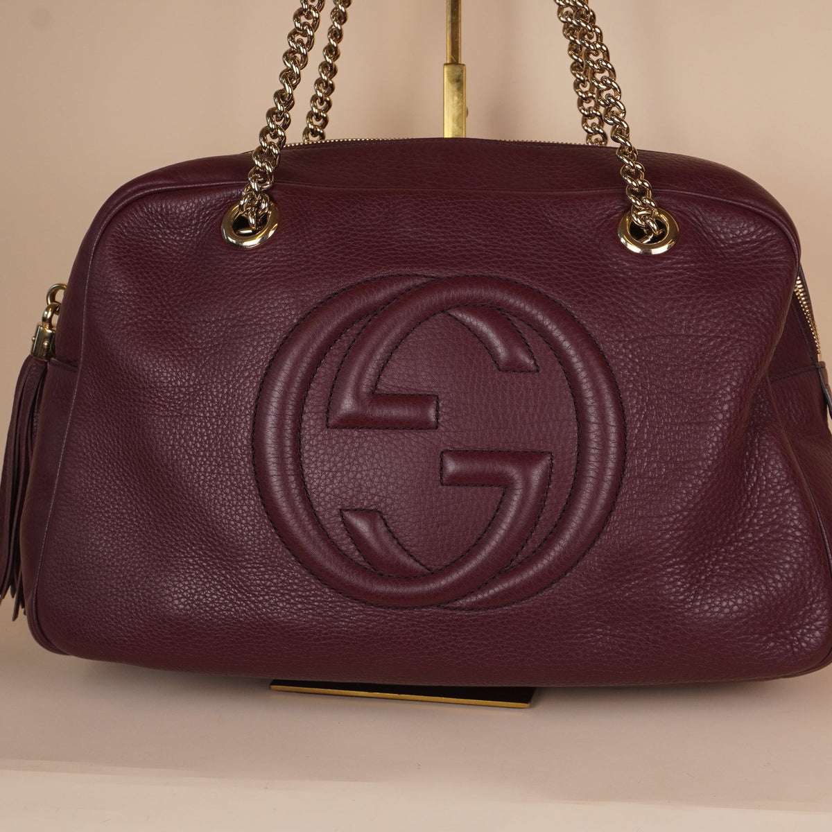 PRE-OWNED GG Burgundy Pebbled Leather Soho Chain Large Shoulder Bag