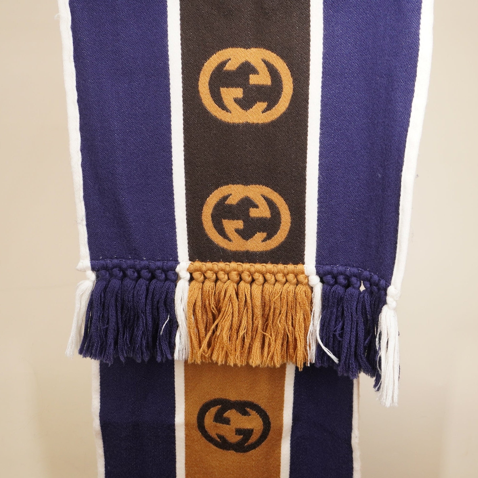 PRE-OWNED Interlocking G Stripe Scarf In Wool Navy