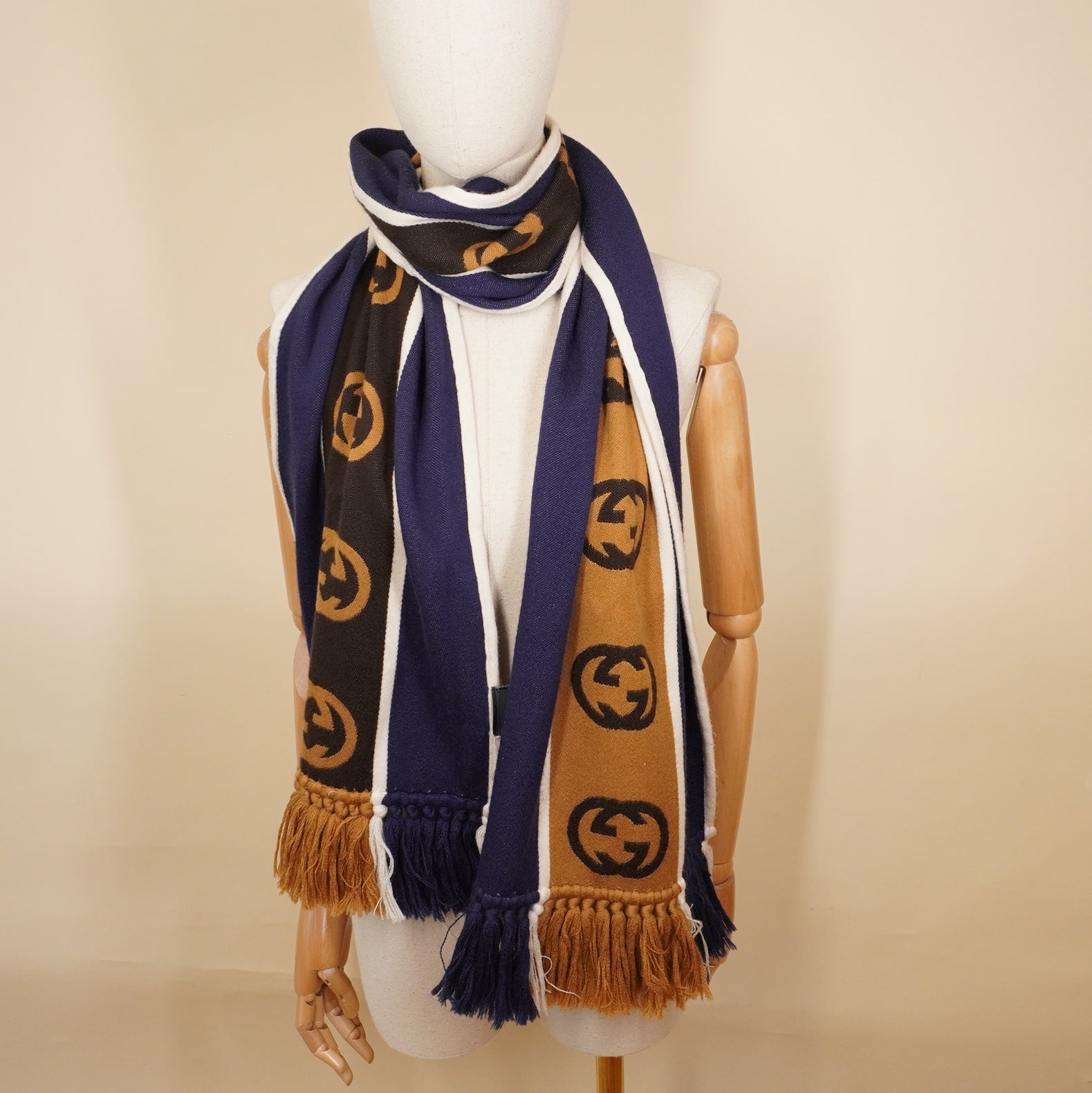 PRE-OWNED Interlocking G Stripe Scarf In Wool Navy