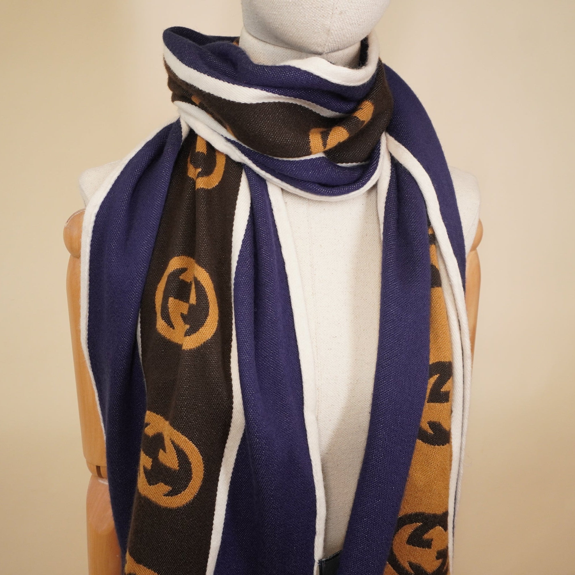 PRE-OWNED Interlocking G Stripe Scarf In Wool Navy