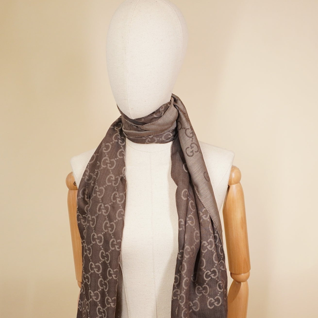 PRE-OWNED GG Brown Jacquard Wool-Silk Scarf