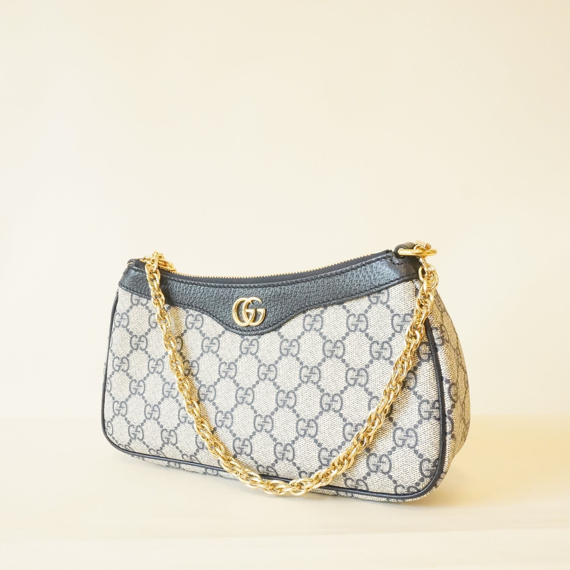 PRE OWNED - Supreme Monogram Textured Dollar Calfskin Web Small Ophidia GG Shoulder Bag Beige