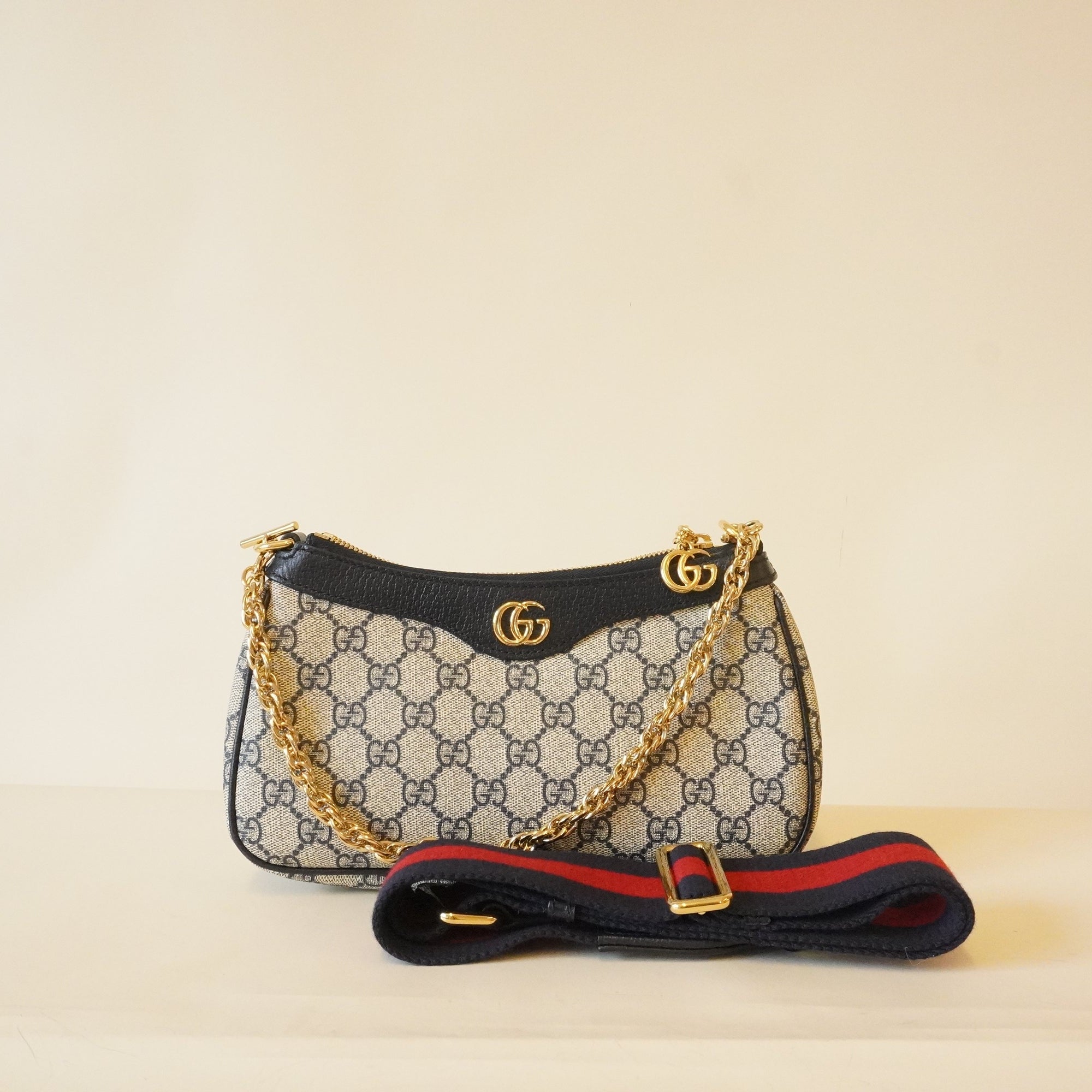 PRE OWNED - Supreme Monogram Textured Dollar Calfskin Web Small Ophidia GG Shoulder Bag Beige