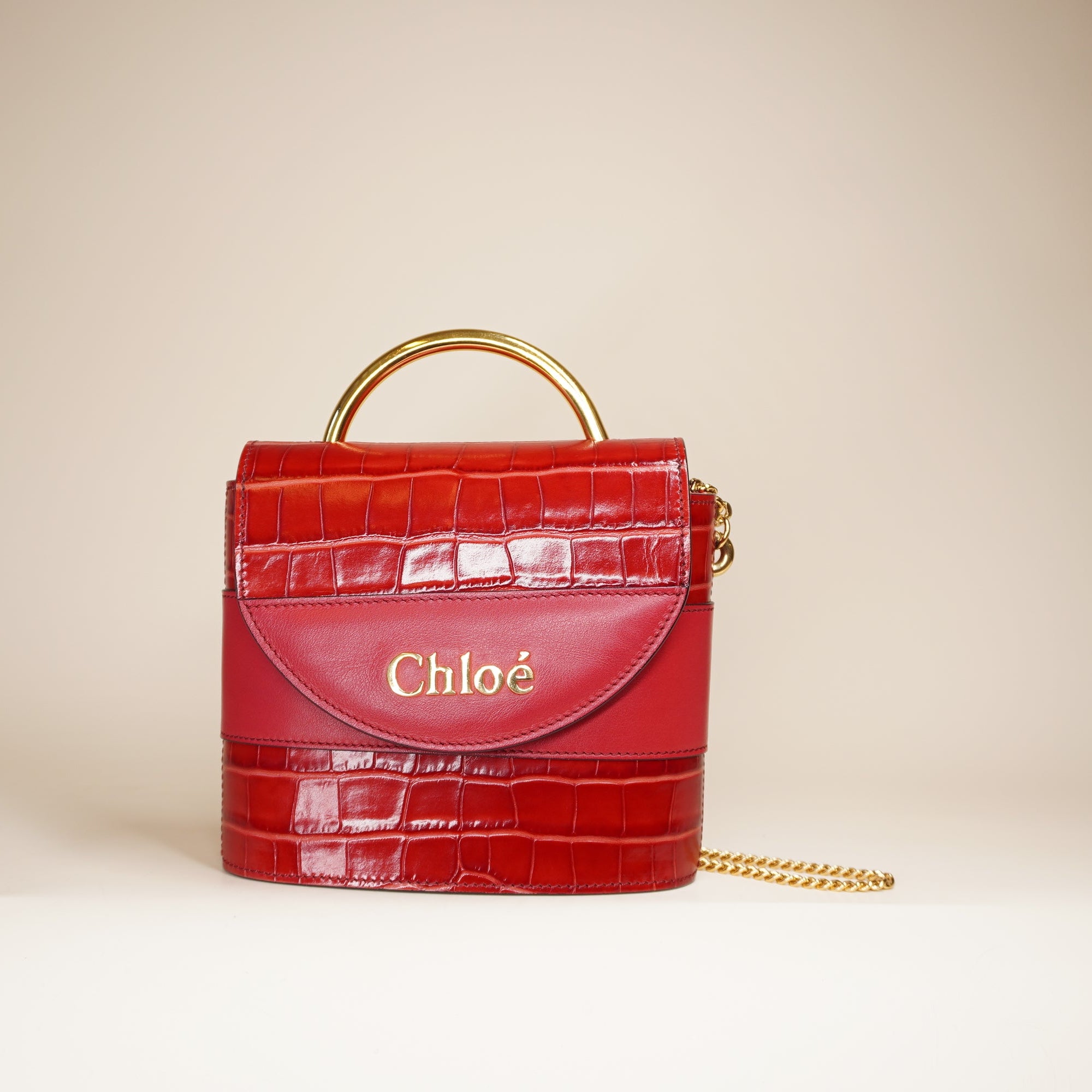 PRE-OWNED Embossed and Leather Small Aby Lock Red Shoulder Bag