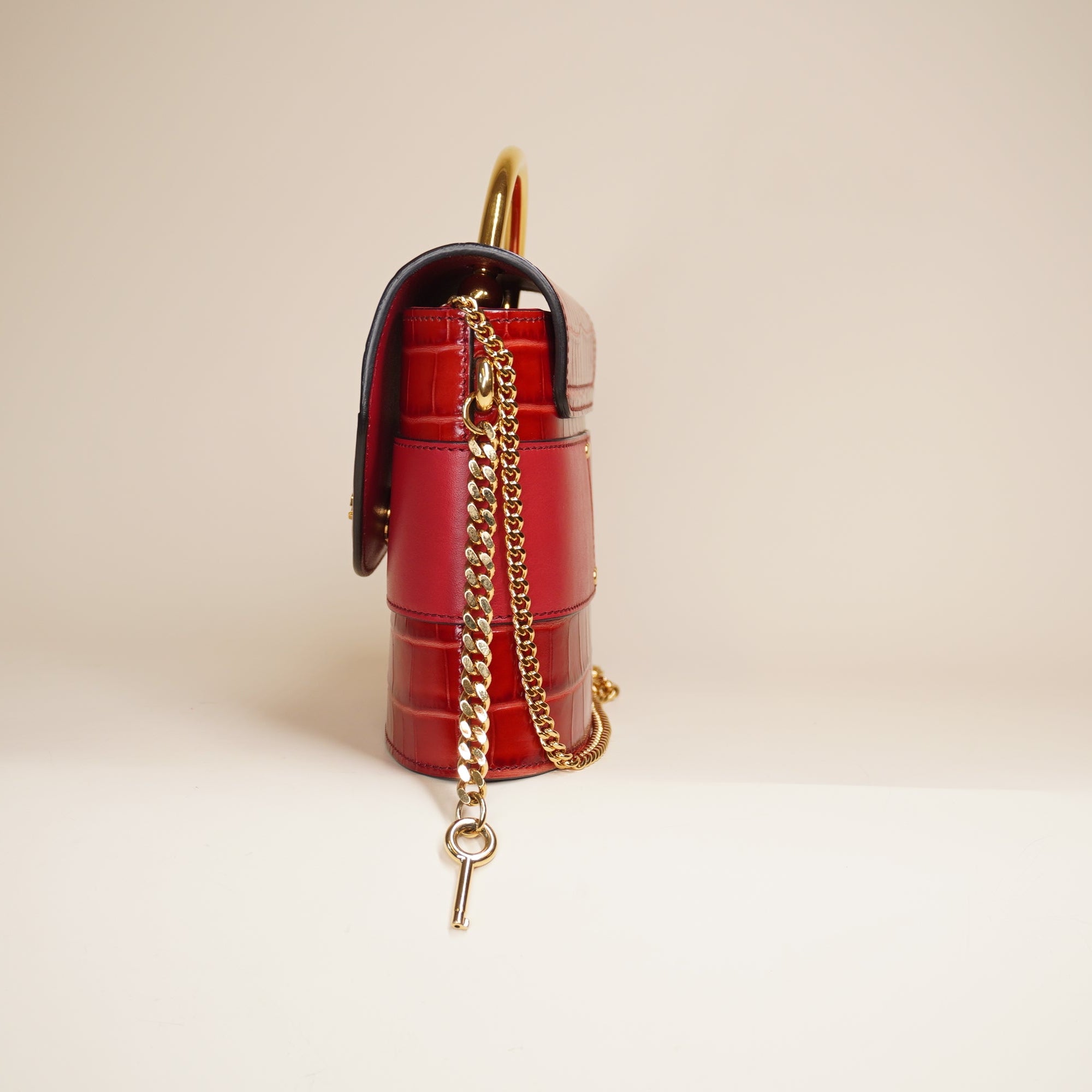 PRE-OWNED Embossed and Leather Small Aby Lock Red Shoulder Bag