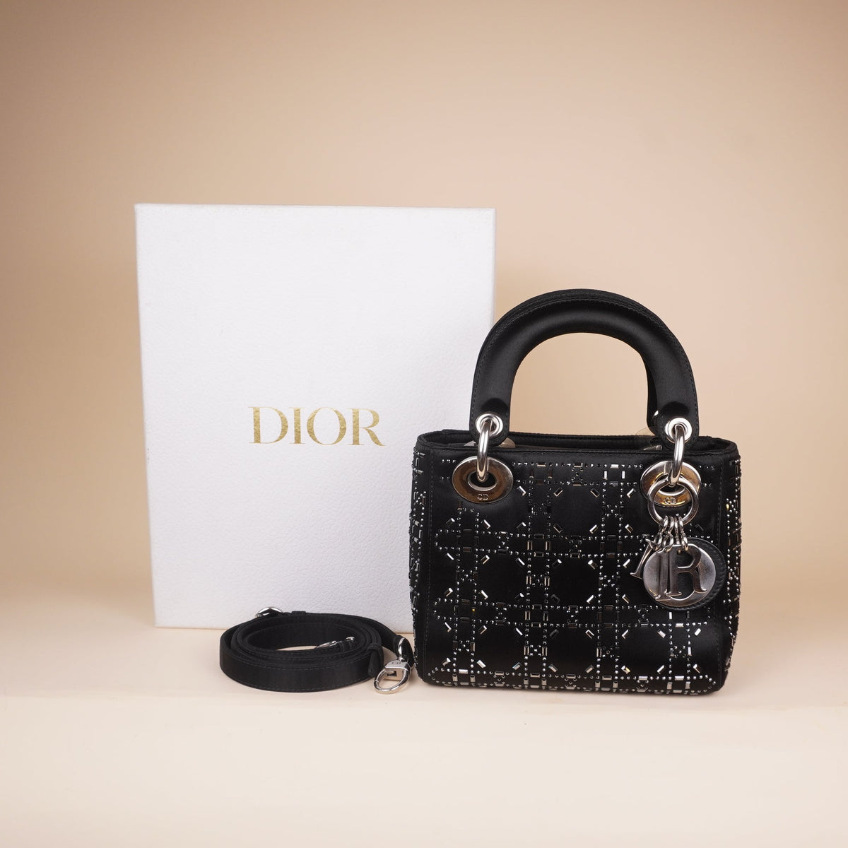 PRE-OWNED CD Satin Crystal Cannage Mini Lady Dior Black