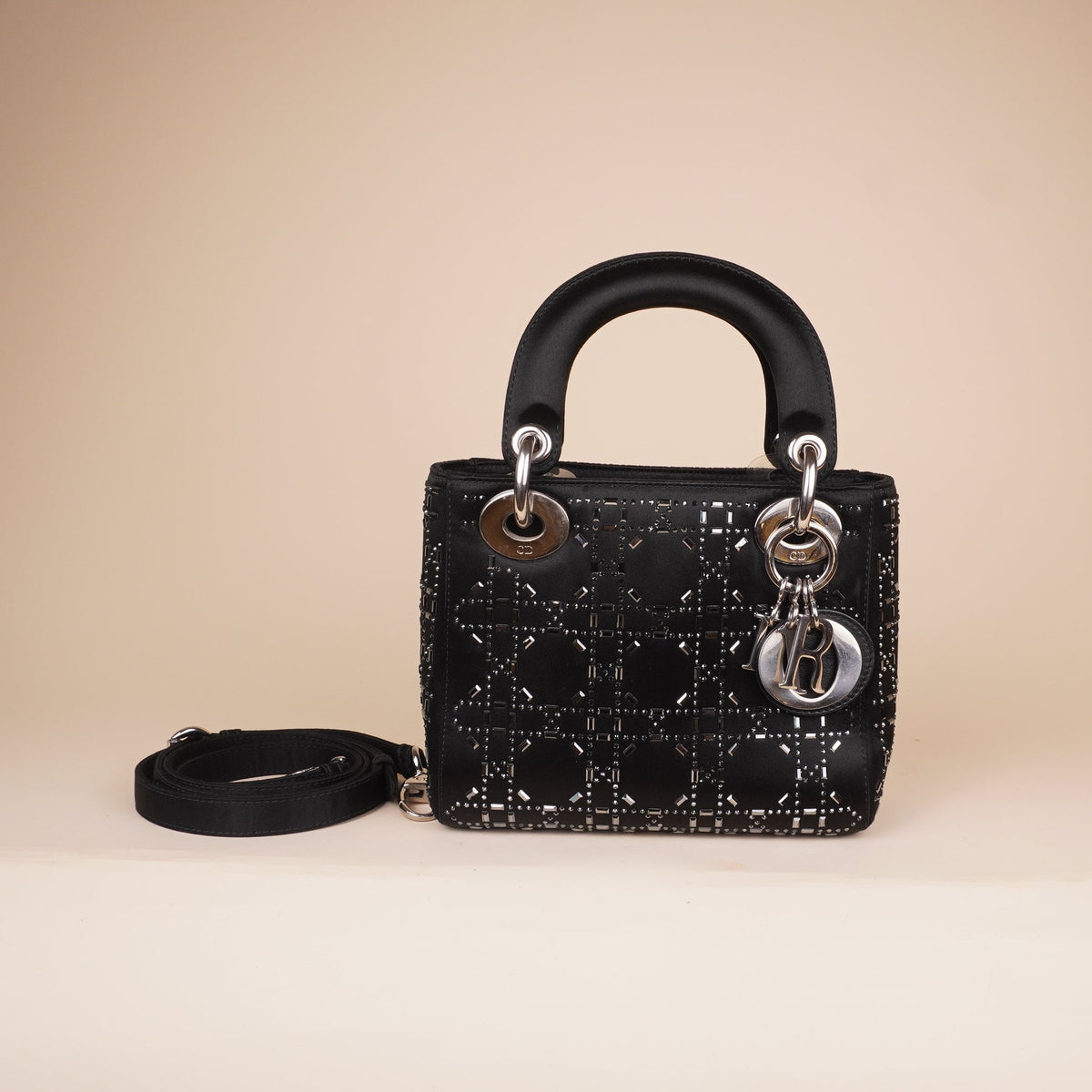 PRE-OWNED CD Satin Crystal Cannage Mini Lady Dior Black