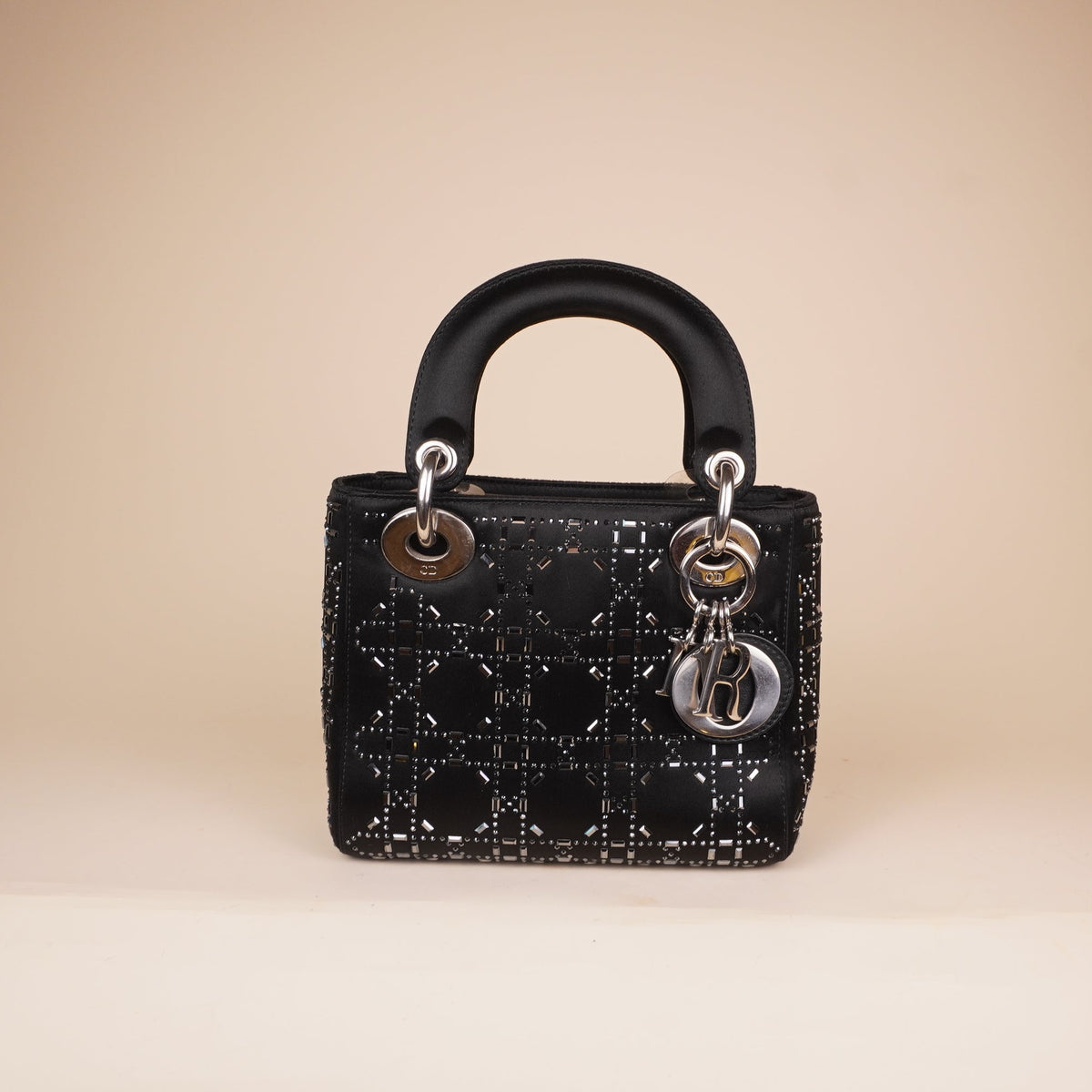 PRE-OWNED CD Satin Crystal Cannage Mini Lady Dior Black