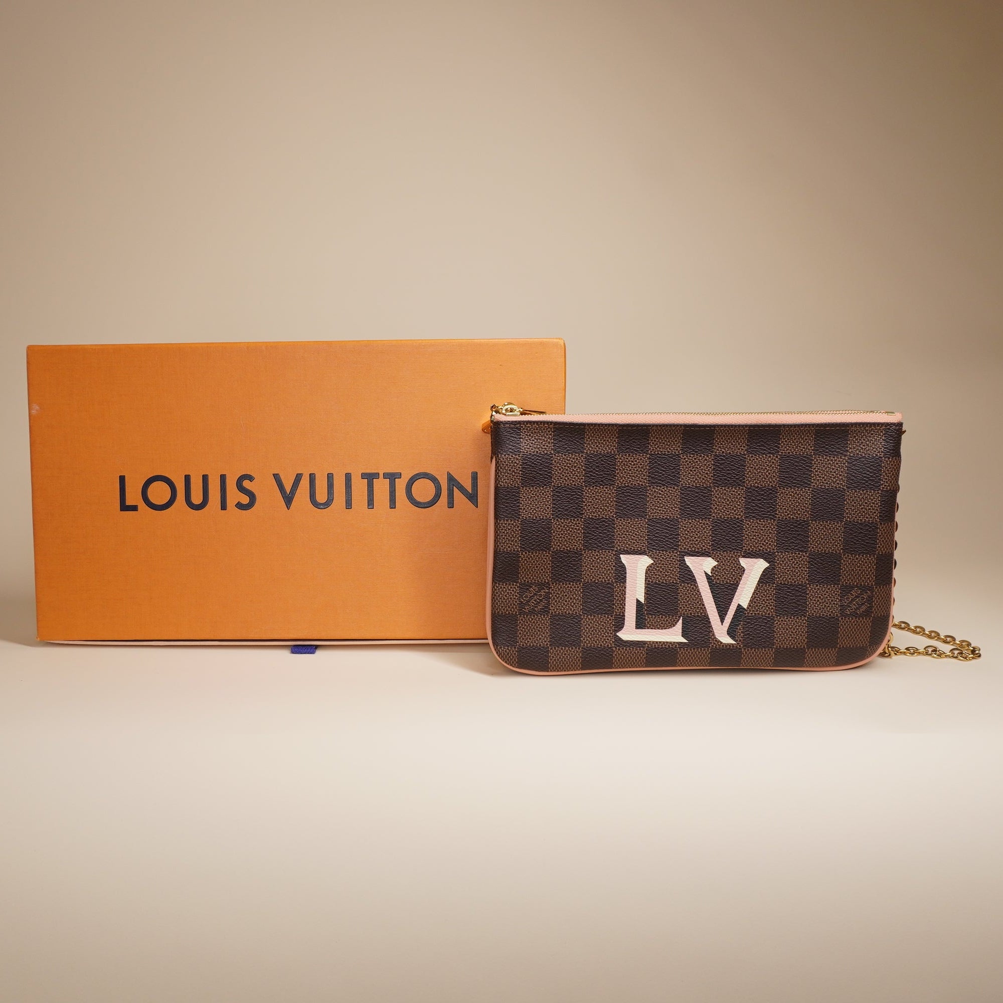 PRE-OWNED LV Double Zip Pochette Damier Clutch Shoulder Bag