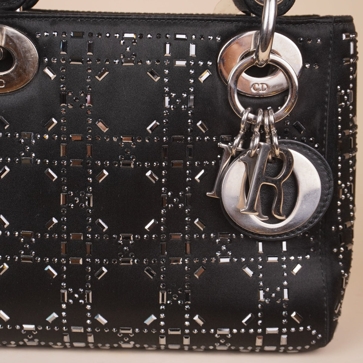 PRE-OWNED CD Satin Crystal Cannage Mini Lady Dior Black